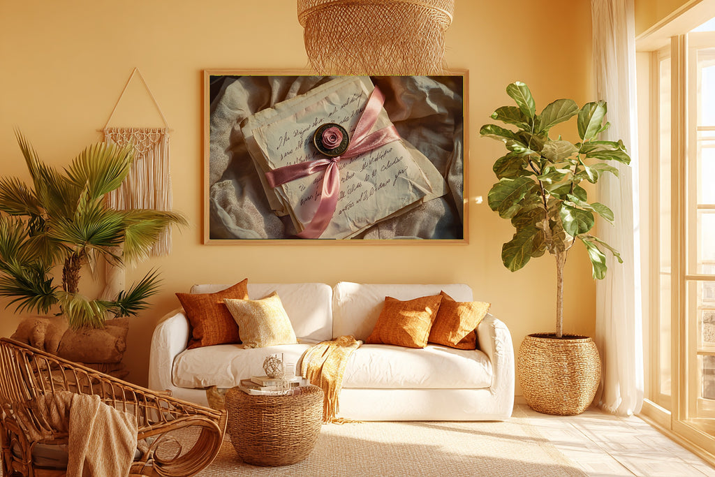 Cozy Studio Coquette Love Letter Still Life Art Print — Timeless Decor for the Living Room — coquette-love-letter-still-life-room-5-wall-art.jpg