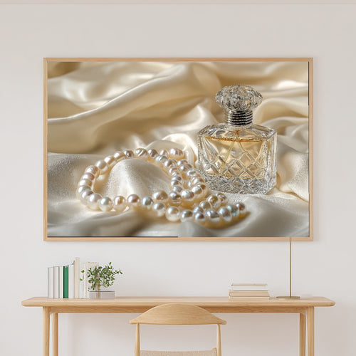 A Dreamy Coquette Perfume Bottle Pearls Dreamy Timeless Print — Moody Wall Art for the Living Room, Giclée on Canvas — coquette-perfume-bottle-pearls-canvas-print.jpg