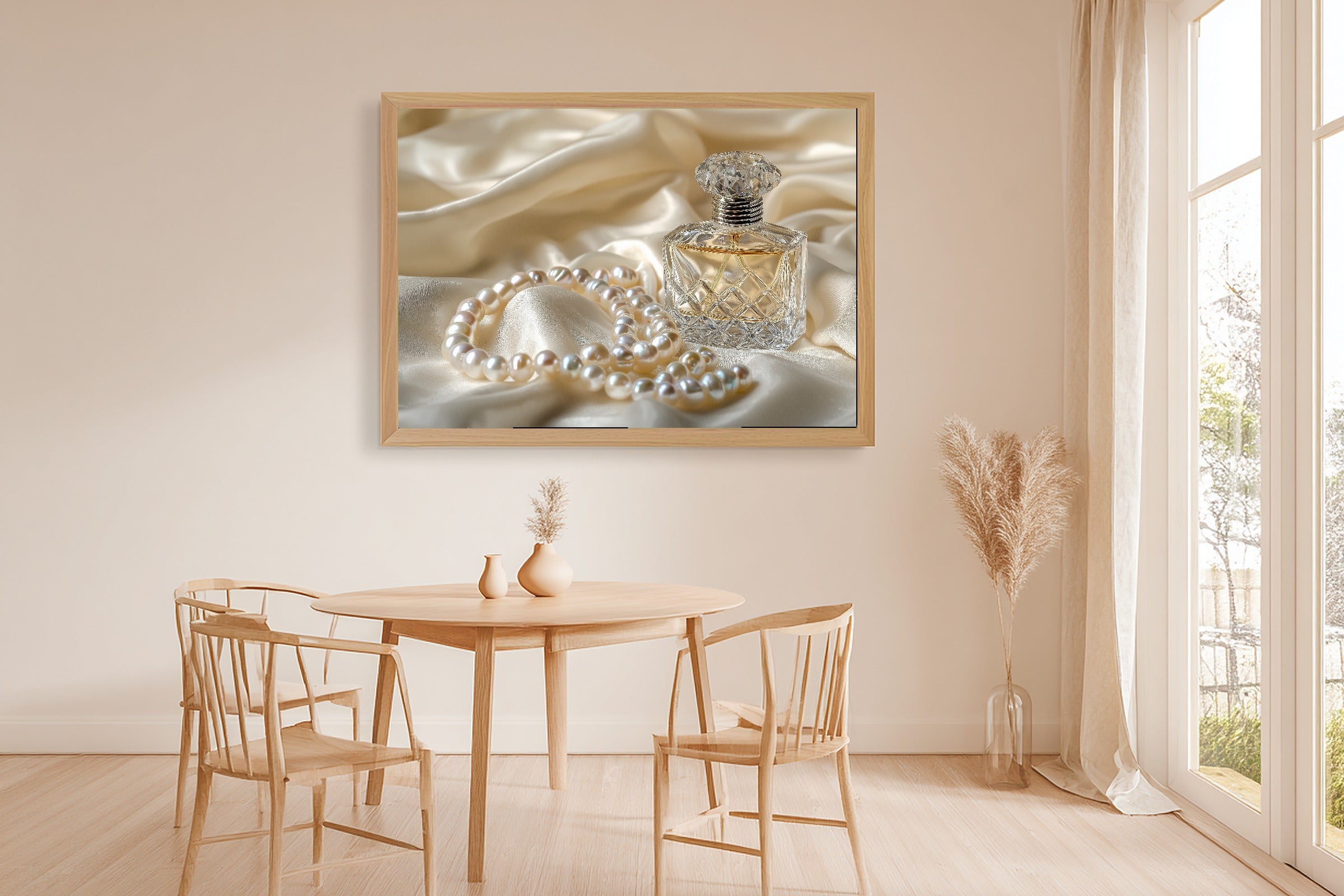 A Dreamy Coquette Perfume Bottle Pearls Dreamy Timeless Print — Moody Wall Art for the Living Room, Giclée on Canvas — coquette-perfume-bottle-pearls-dining-room-wall-art.jpg