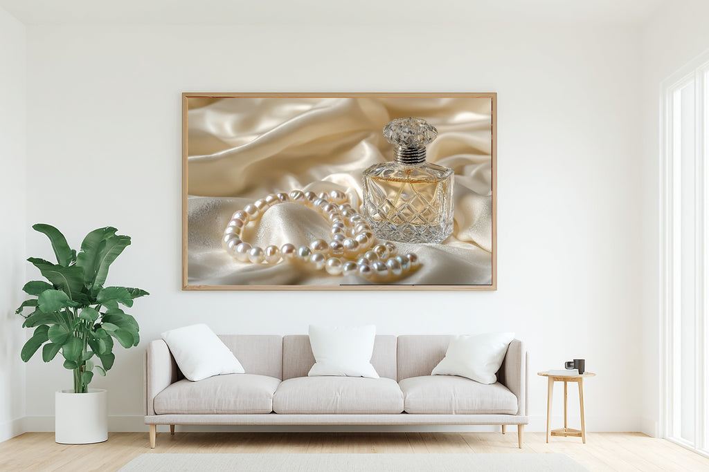 A Dreamy Coquette Perfume Bottle Pearls Dreamy Timeless Print — Moody Wall Art for the Living Room, Giclée on Canvas — coquette-perfume-bottle-pearls-living-room-wall-art.jpg