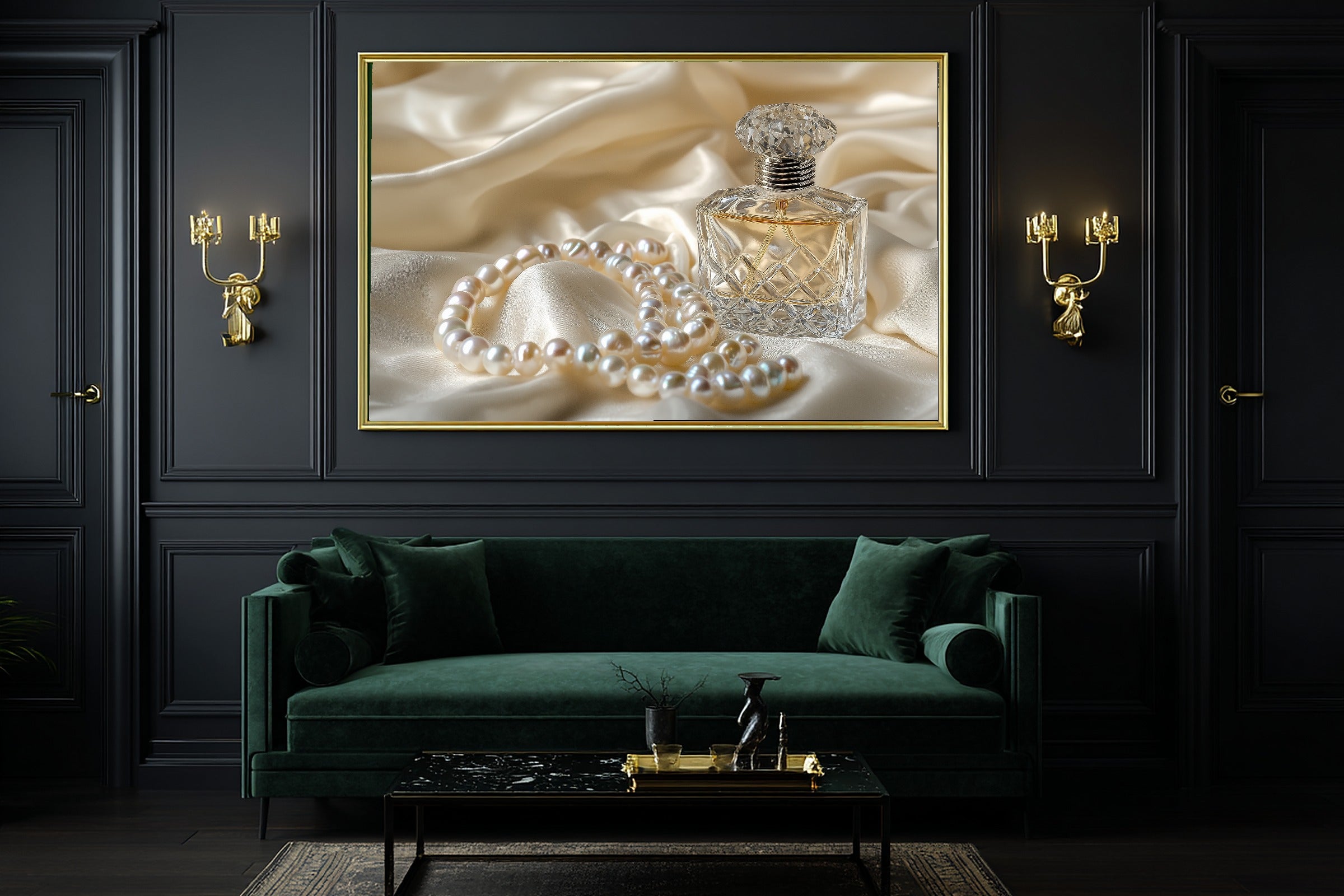 A Dreamy Coquette Perfume Bottle Pearls Dreamy Timeless Print — Moody Wall Art for the Living Room, Giclée on Canvas — coquette-perfume-bottle-pearls-office-wall-art.jpg