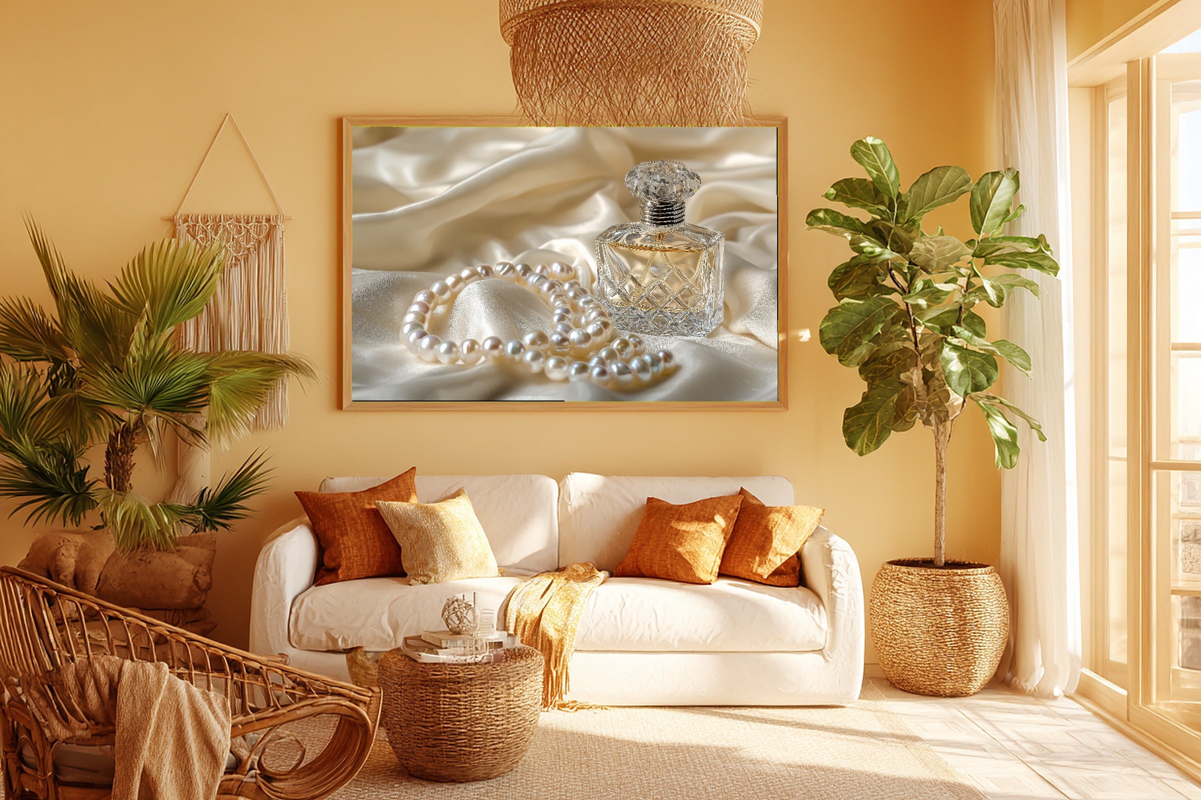 A Dreamy Coquette Perfume Bottle Pearls Dreamy Timeless Print — Moody Wall Art for the Living Room, Giclée on Canvas — coquette-perfume-bottle-pearls-room-5-wall-art.jpg