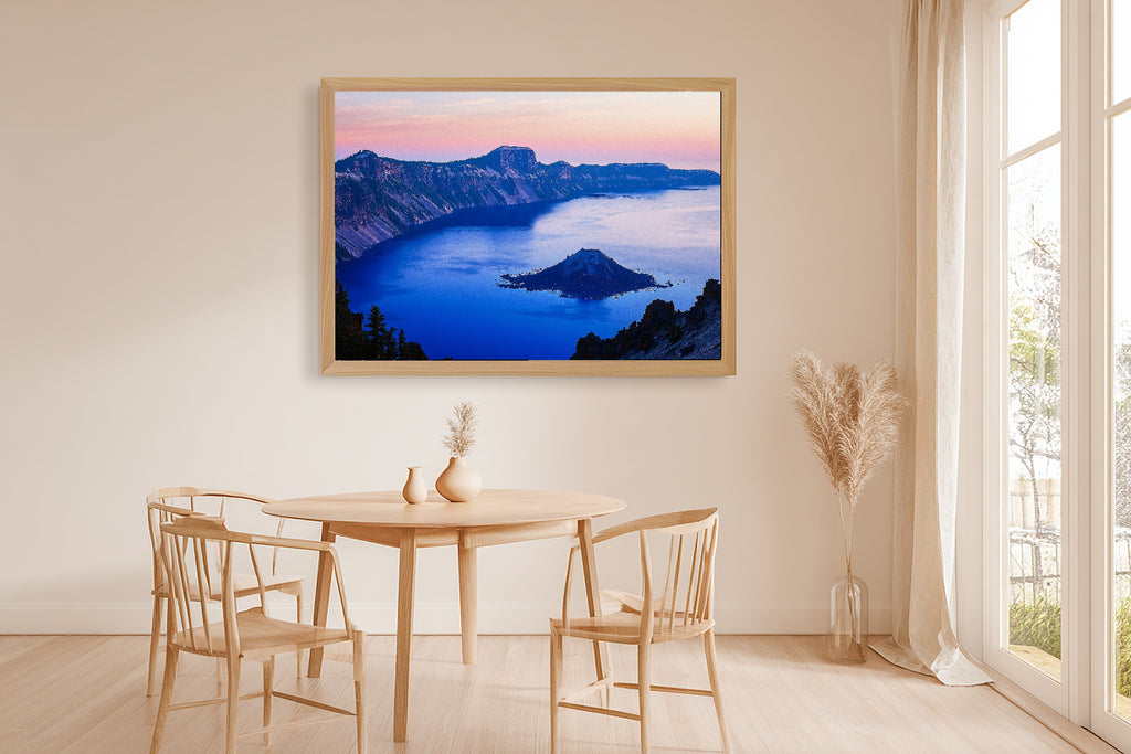 Hand-picked Crater Lake Retro Poster Giclée Print — Cozy Warm Meadow for the Reading Nook, Ready-to-Hang Plant Mom in Your Life Gift — crater-lake-retro-poster-dining-room-wall-art.jpg