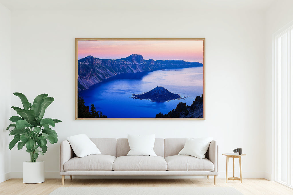Hand-picked Crater Lake Retro Poster Giclée Print — Cozy Warm Meadow for the Reading Nook, Ready-to-Hang Plant Mom in Your Life Gift — crater-lake-retro-poster-living-room-wall-art.jpg