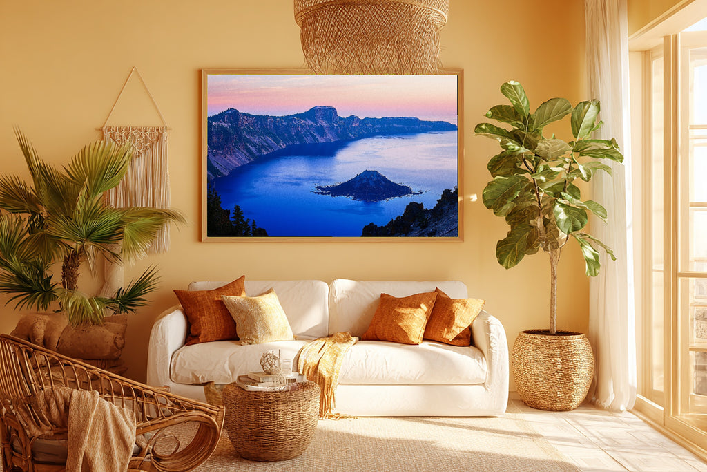 Hand-picked Crater Lake Retro Poster Giclée Print — Cozy Warm Meadow for the Reading Nook, Ready-to-Hang Plant Mom in Your Life Gift — crater-lake-retro-poster-room-5-wall-art.jpg