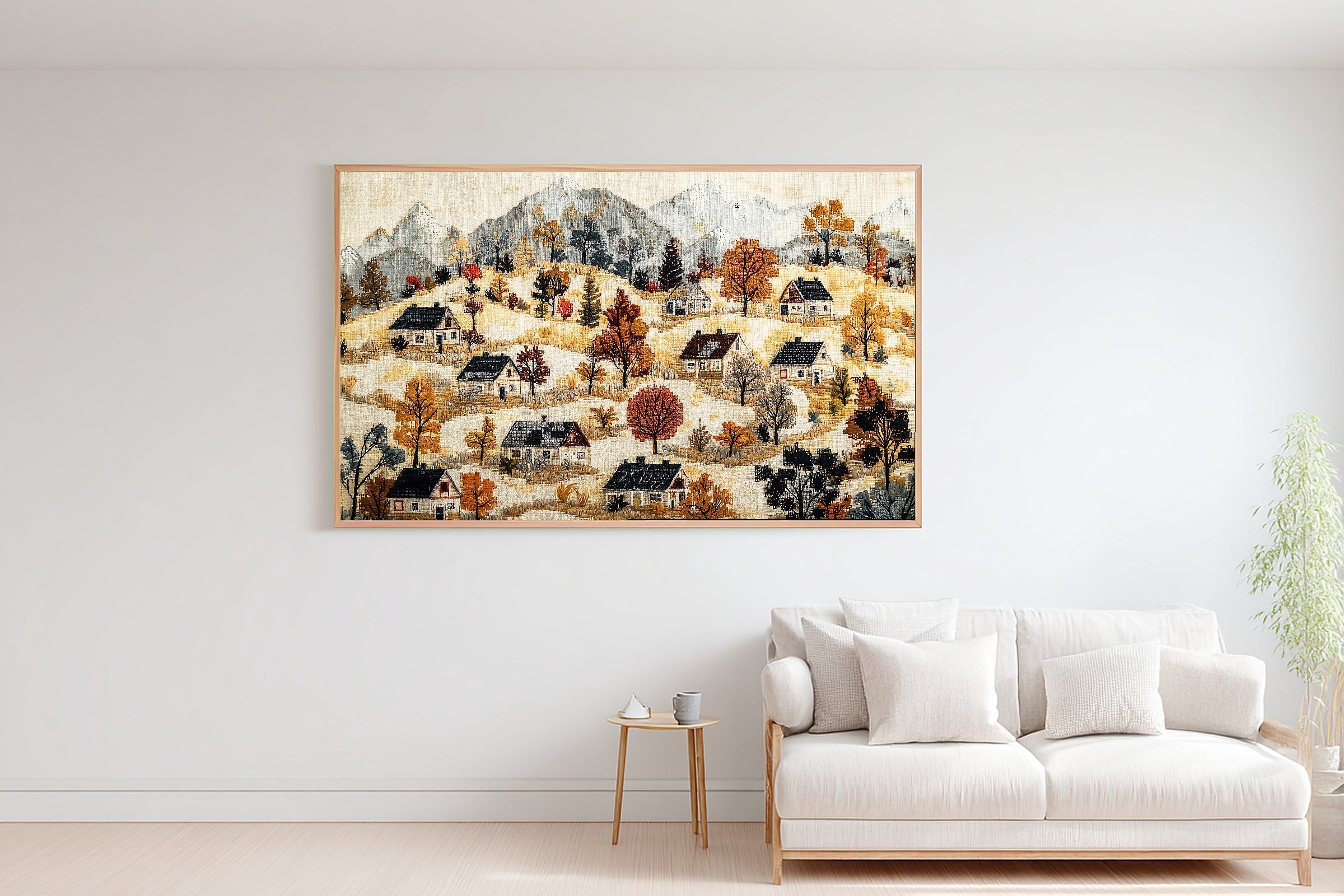 Cross Stitch Village Cottage Canvas Print, Dreamy Timeless Artwork Poster Print, Above-the-Bedroom Decor, Gift for Home Owners — cross-stitch-village-cottage-bedroom-wall-art.jpg