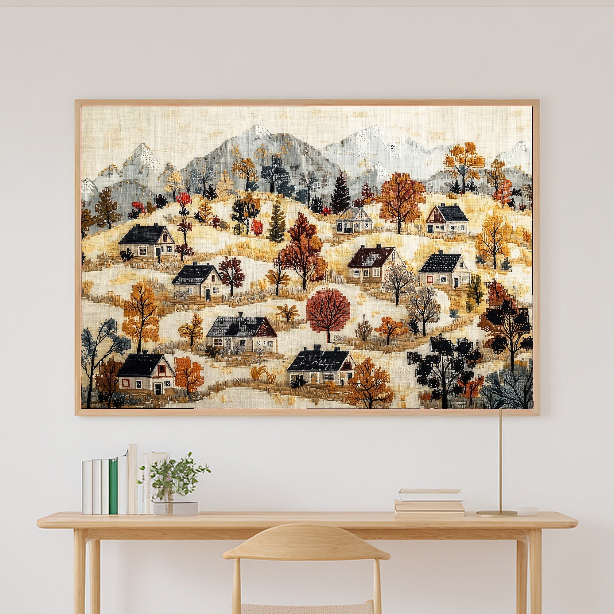 Cross Stitch Village Cottage Canvas Print, Dreamy Timeless Artwork Poster Print, Above-the-Bedroom Decor, Gift for Home Owners — cross-stitch-village-cottage-canvas-print.jpg