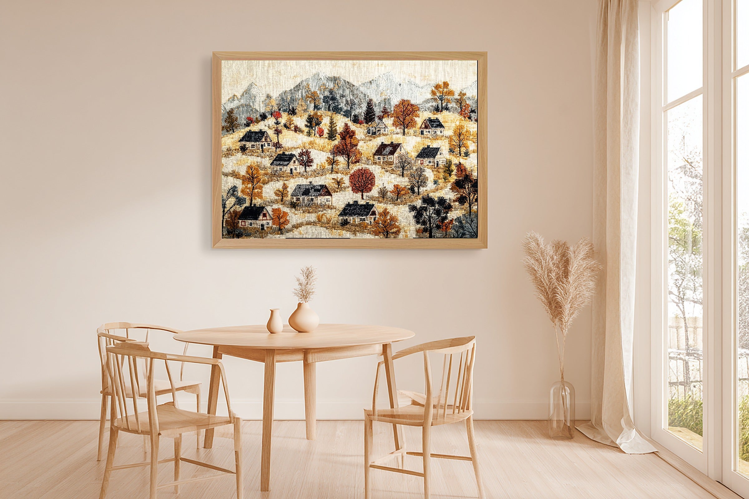 Cross Stitch Village Cottage Canvas Print, Dreamy Timeless Artwork Poster Print, Above-the-Bedroom Decor, Gift for Home Owners — cross-stitch-village-cottage-dining-room-wall-art.jpg
