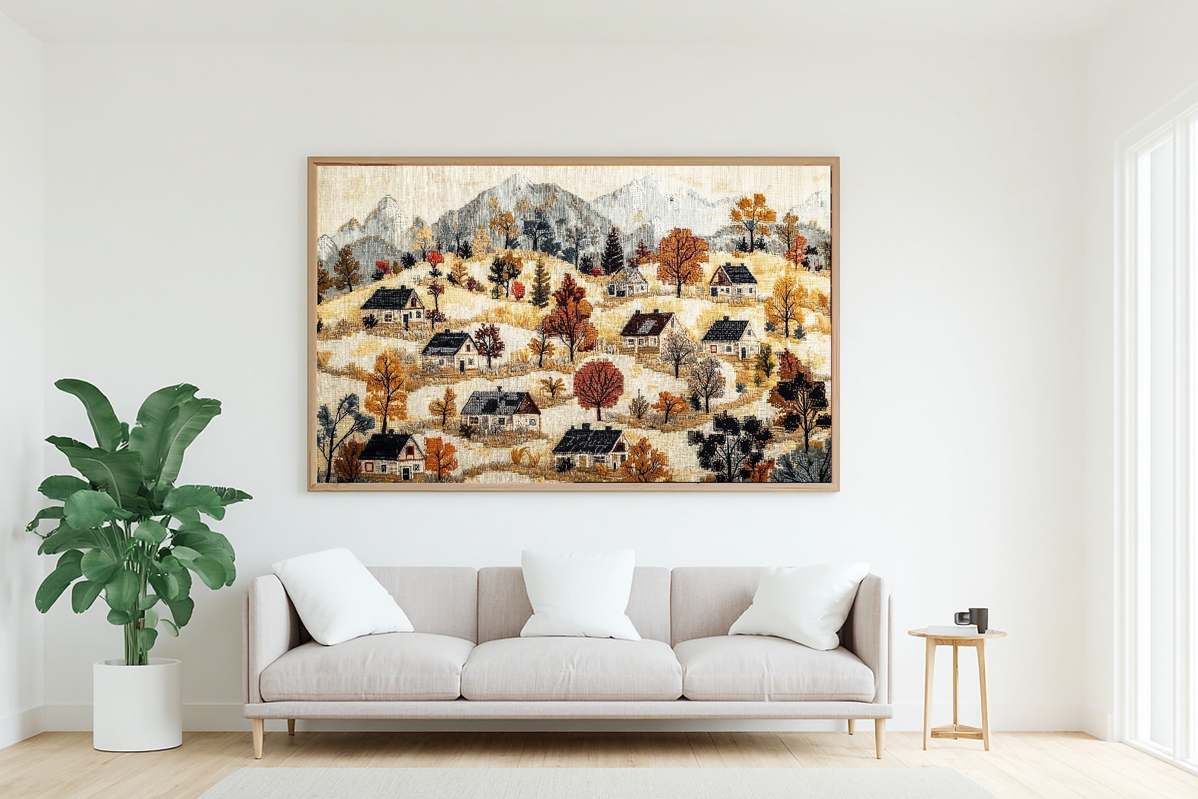 Cross Stitch Village Cottage Canvas Print, Dreamy Timeless Artwork Poster Print, Above-the-Bedroom Decor, Gift for Home Owners — cross-stitch-village-cottage-living-room-wall-art.jpg