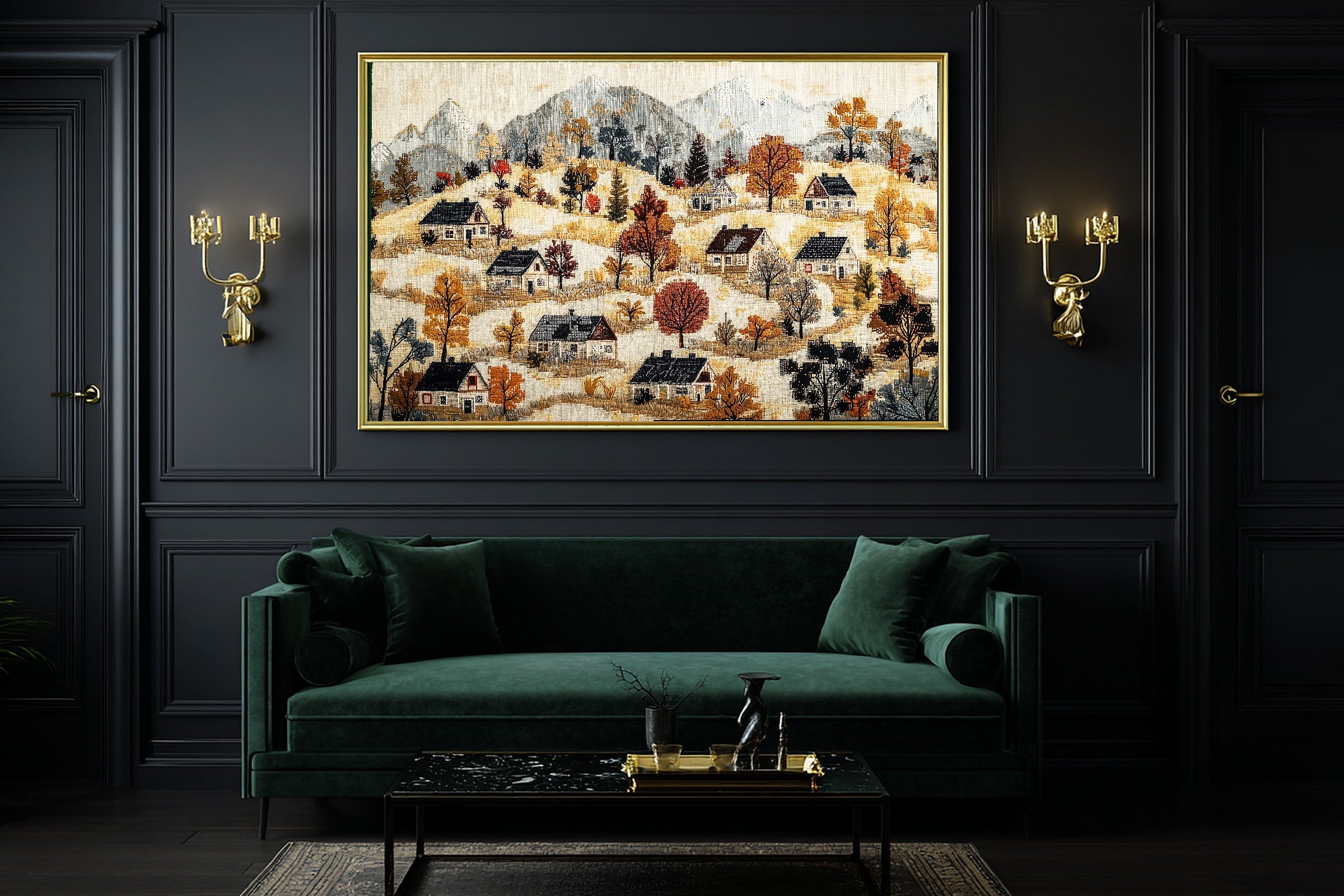 Cross Stitch Village Cottage Canvas Print, Dreamy Timeless Artwork Poster Print, Above-the-Bedroom Decor, Gift for Home Owners — cross-stitch-village-cottage-office-wall-art.jpg