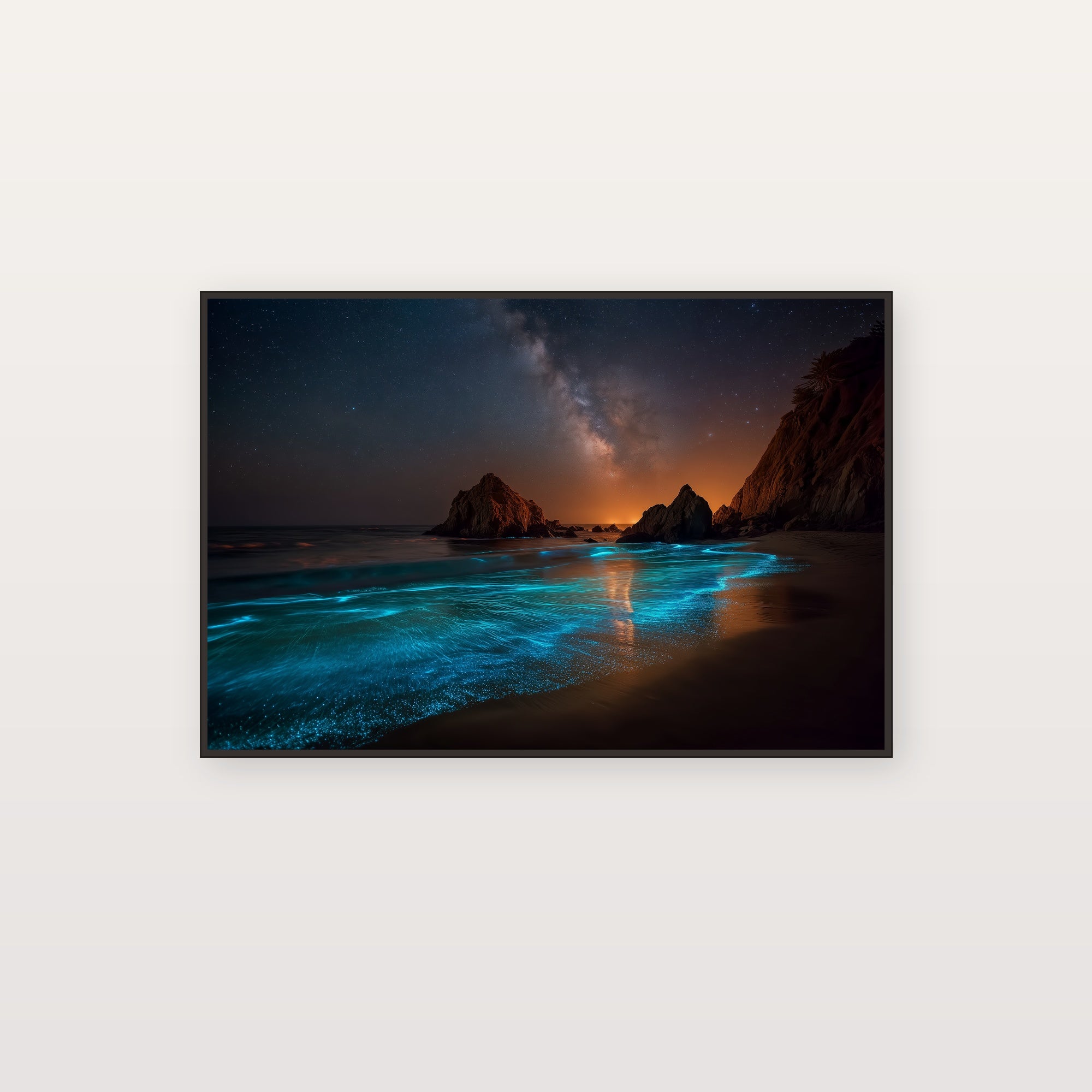 Bioluminescent Waves Canvas Wall Art | Glowing Ocean Print, Night Beach, Magical Decor, Stretched Canvas — bioluminescent waves canvas print