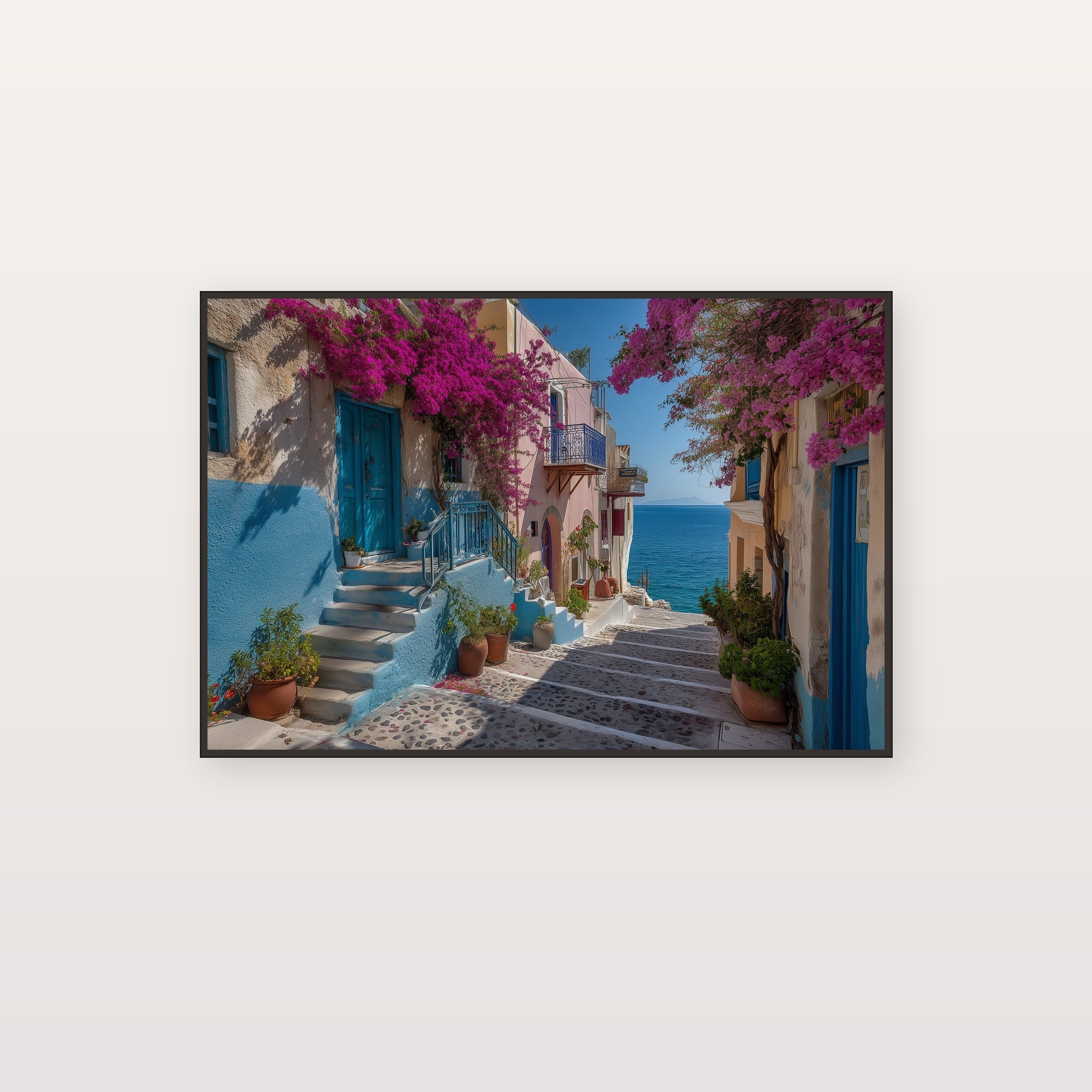 Greek Island Canvas Wall Art | Blue White Steps Print, Mediterranean Village, Coastal Decor, Stretched Canvas — greek island steps canvas print