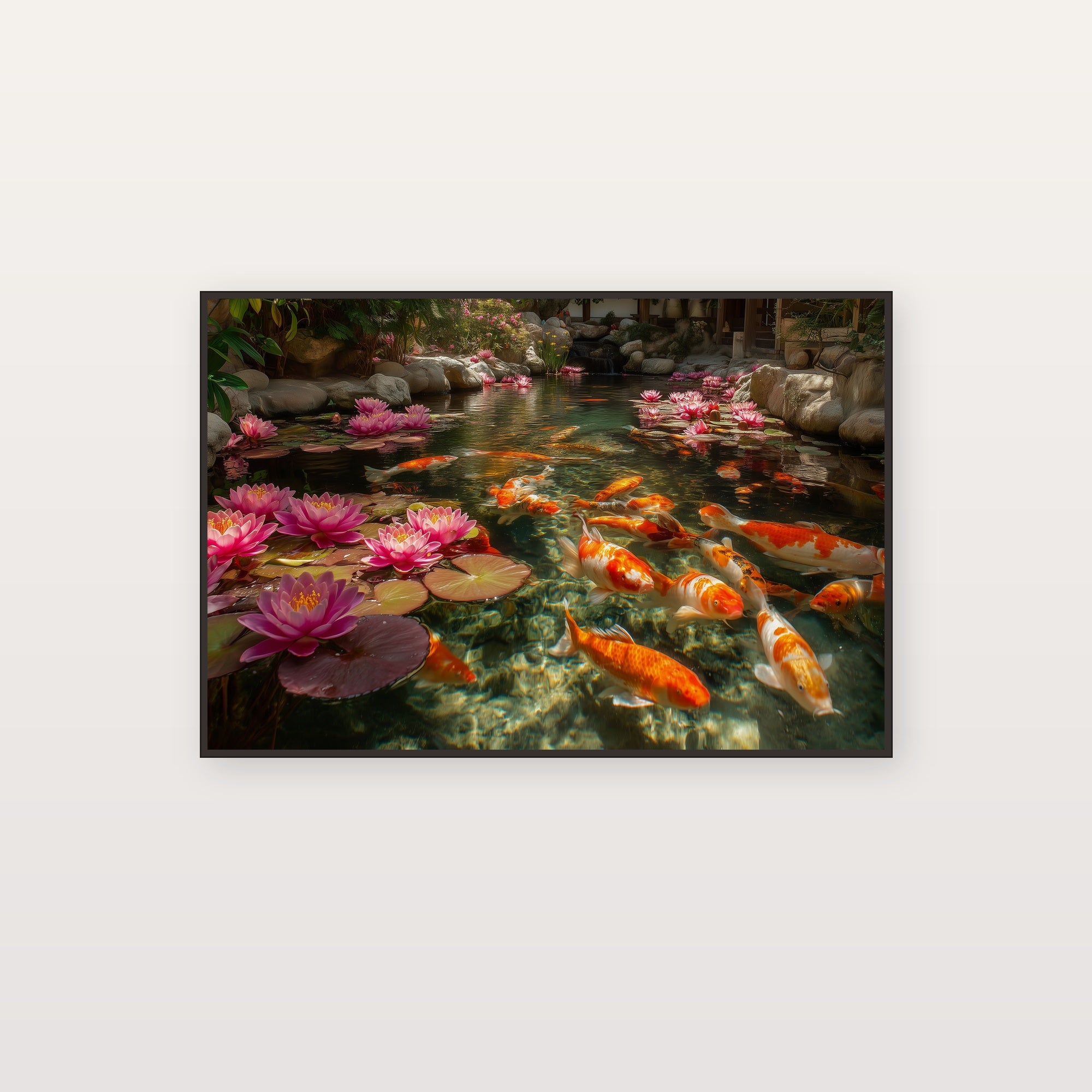 Koi Pond Canvas Wall Art | Lotus Flower Print, Japanese Water Garden, Zen Decor, Stretched Canvas — koi pond lotus canvas print
