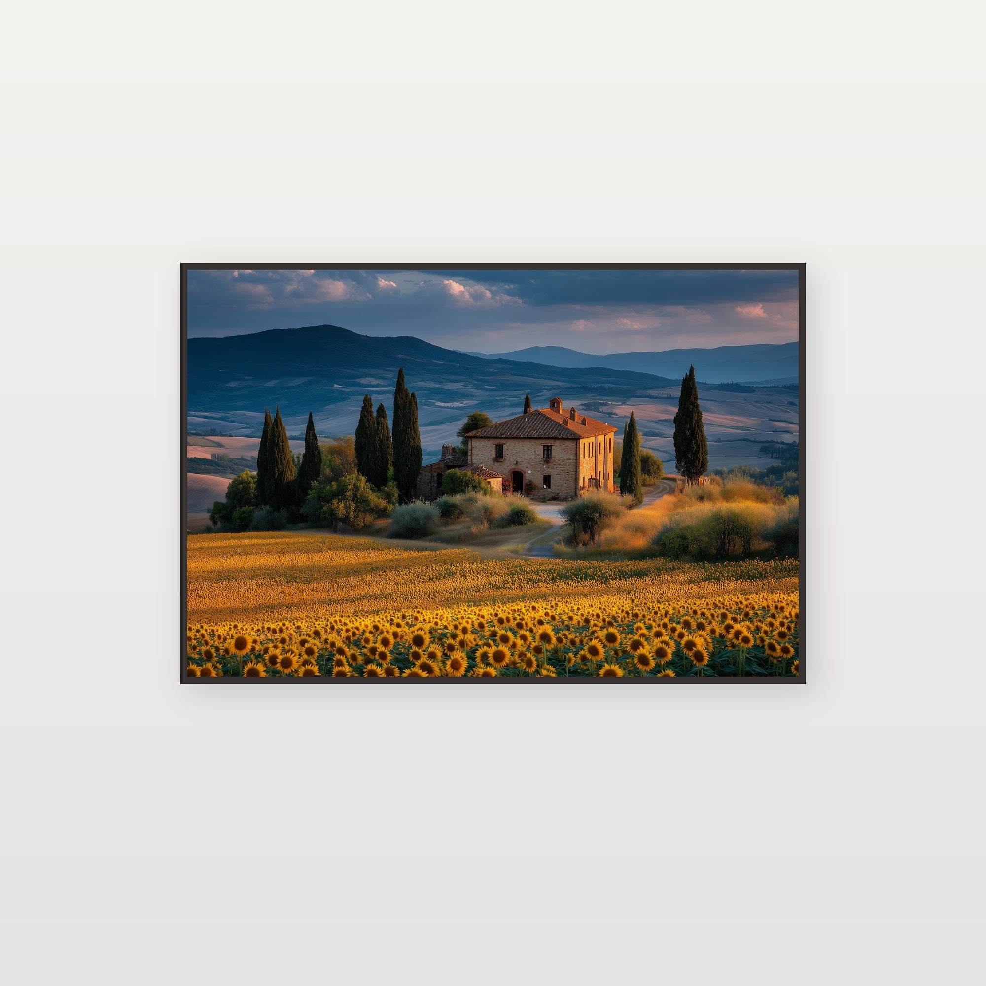 Tuscan Sunflower Canvas Wall Art | Italy Summer Print, Golden Field, Mediterranean Decor, Stretched Canvas — tuscan sunflower villa canvas print