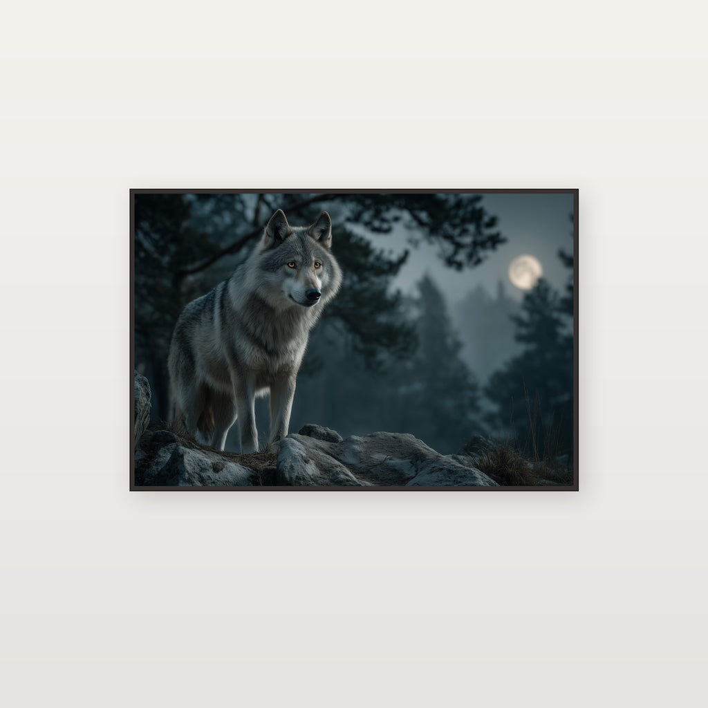 Wolf Canvas Wall Art | Moonlight Wildlife Print, Night Forest, Nature Decor, Stretched Canvas — wolf moonlight canvas print