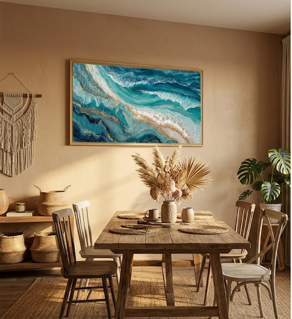 Abstract Teal Wave Canvas Wall Art | Ocean Fluid Print, Modern Coastal, Contemporary Decor, Stretched Canvas — abstract wave teal living room wall art