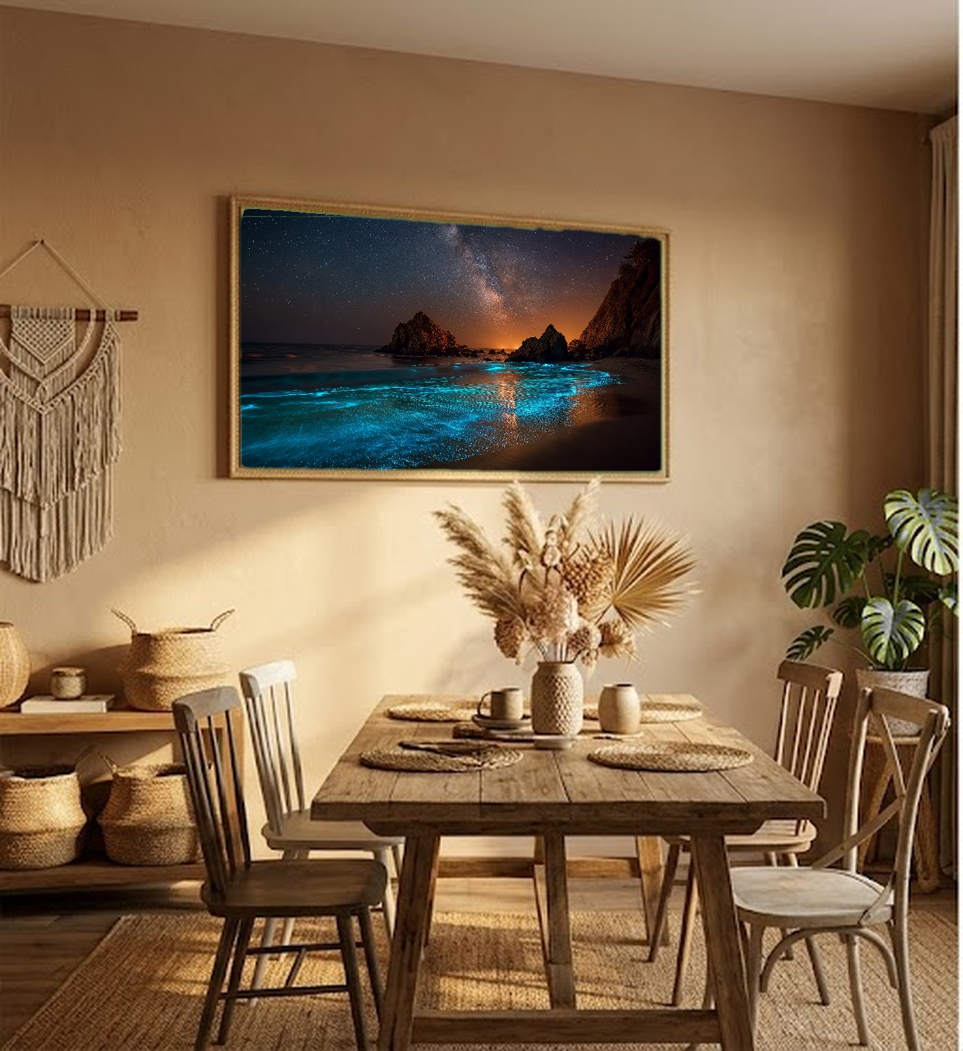 Bioluminescent Waves Canvas Wall Art | Glowing Ocean Print, Night Beach, Magical Decor, Stretched Canvas — bioluminescent waves living room wall art