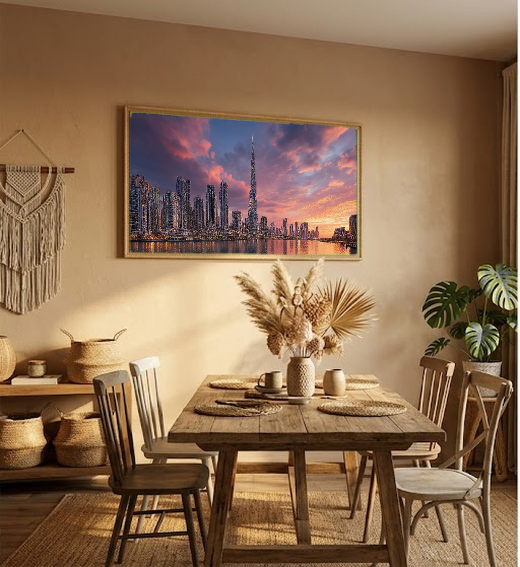 Dubai Skyline Canvas Wall Art | Gold City Print, Modern Architecture, Urban Decor, Stretched Canvas — dubai skyline gold living room wall art