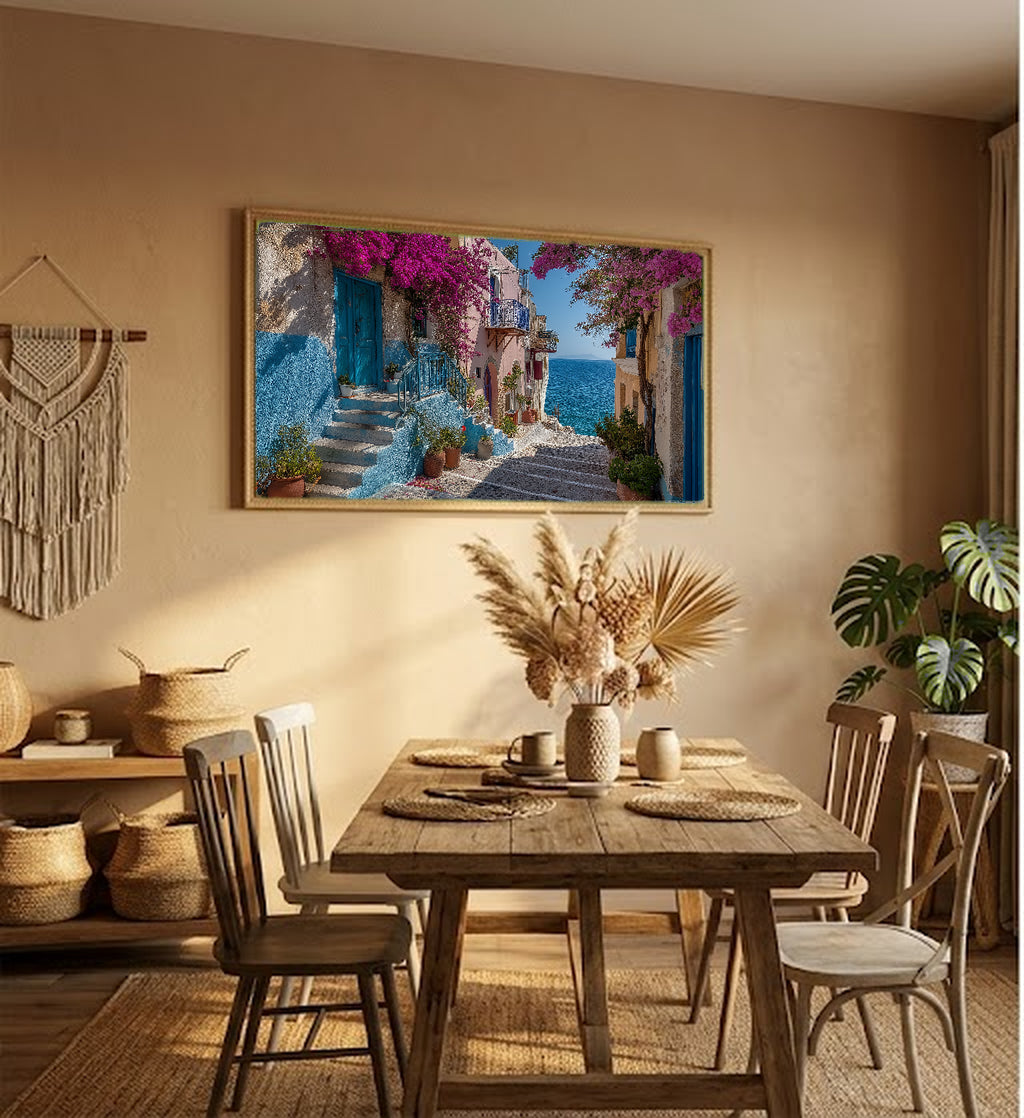 Greek Island Canvas Wall Art | Blue White Steps Print, Mediterranean Village, Coastal Decor, Stretched Canvas — greek island steps living room wall art