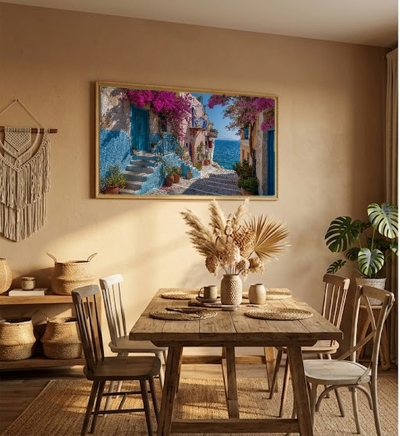 Greek Island Canvas Wall Art | Blue White Steps Print, Mediterranean Village, Coastal Decor, Stretched Canvas — greek island steps living room wall art