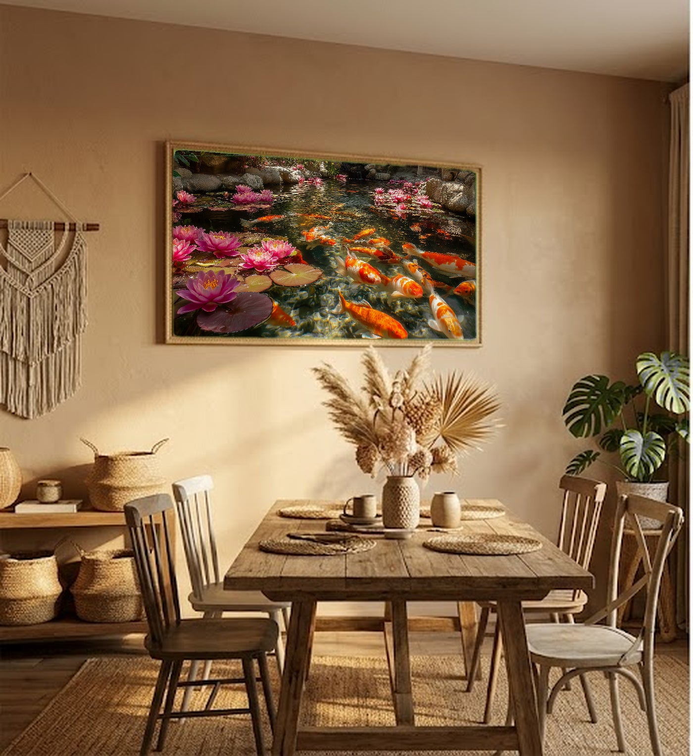 Koi Pond Canvas Wall Art | Lotus Flower Print, Japanese Water Garden, Zen Decor, Stretched Canvas — koi pond lotus living room wall art
