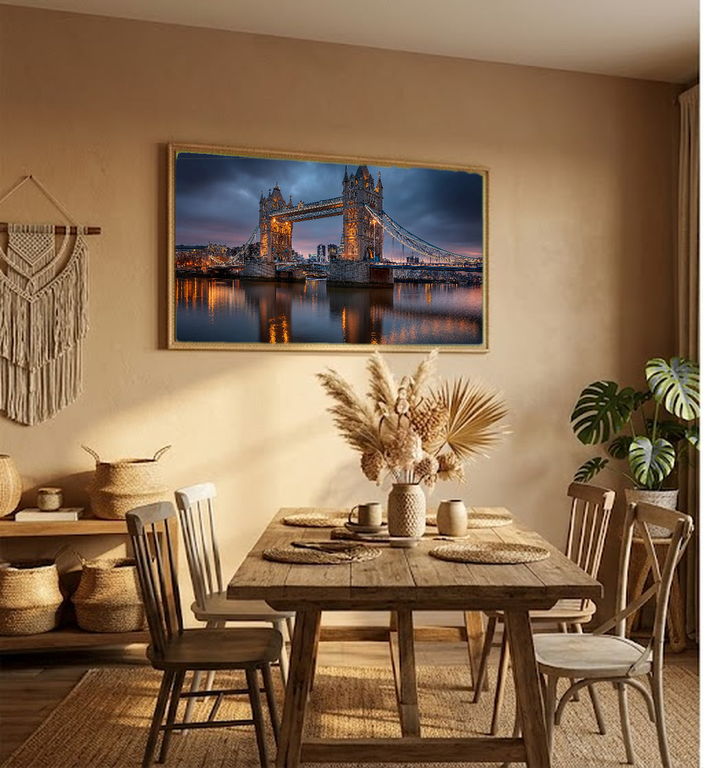Tower Bridge Canvas Wall Art | London Print, Thames River, British Decor, Stretched Canvas — london tower bridge living room wall art