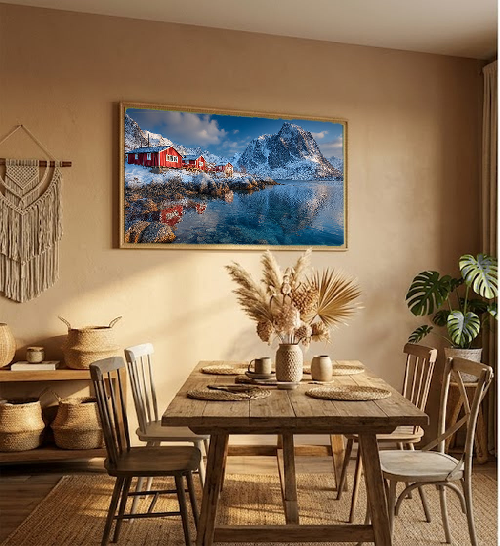 Lofoten Islands Canvas Wall Art | Norway Fishing Village Print, Arctic Coast, Nordic Decor, Stretched Canvas — northern norway lofoten living room wall art