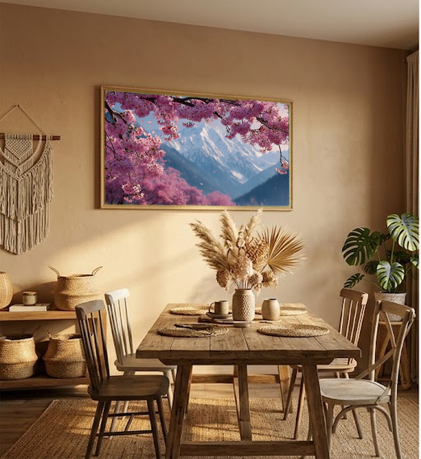 Cherry Mountain Canvas Wall Art | Pink Blossom Print, Spring Landscape, Floral Decor, Stretched Canvas — pink cherry mountain living room wall art
