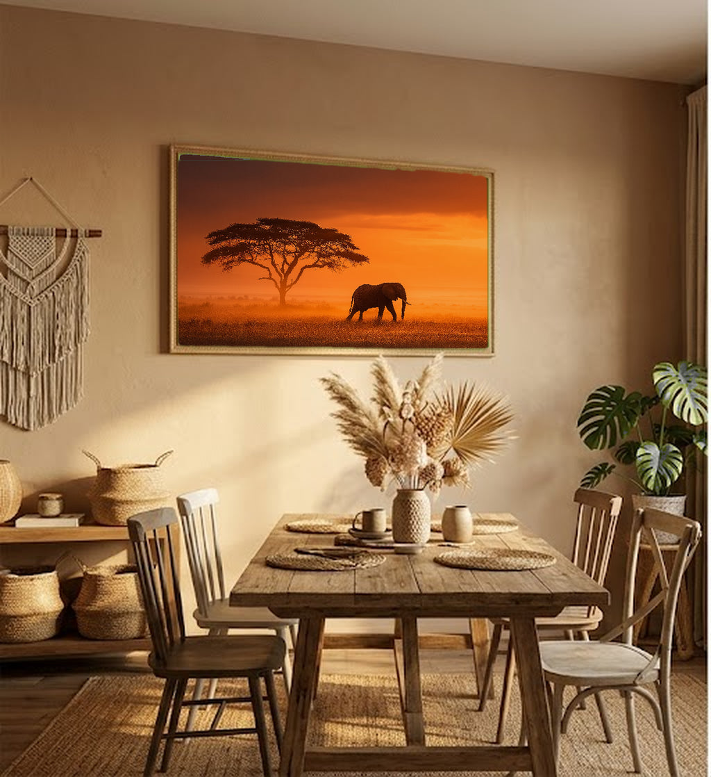 Elephant Safari Canvas Wall Art | African Sunset Print, Wildlife Photography, Nature Decor, Stretched Canvas — safari elephant sunset living room wall art