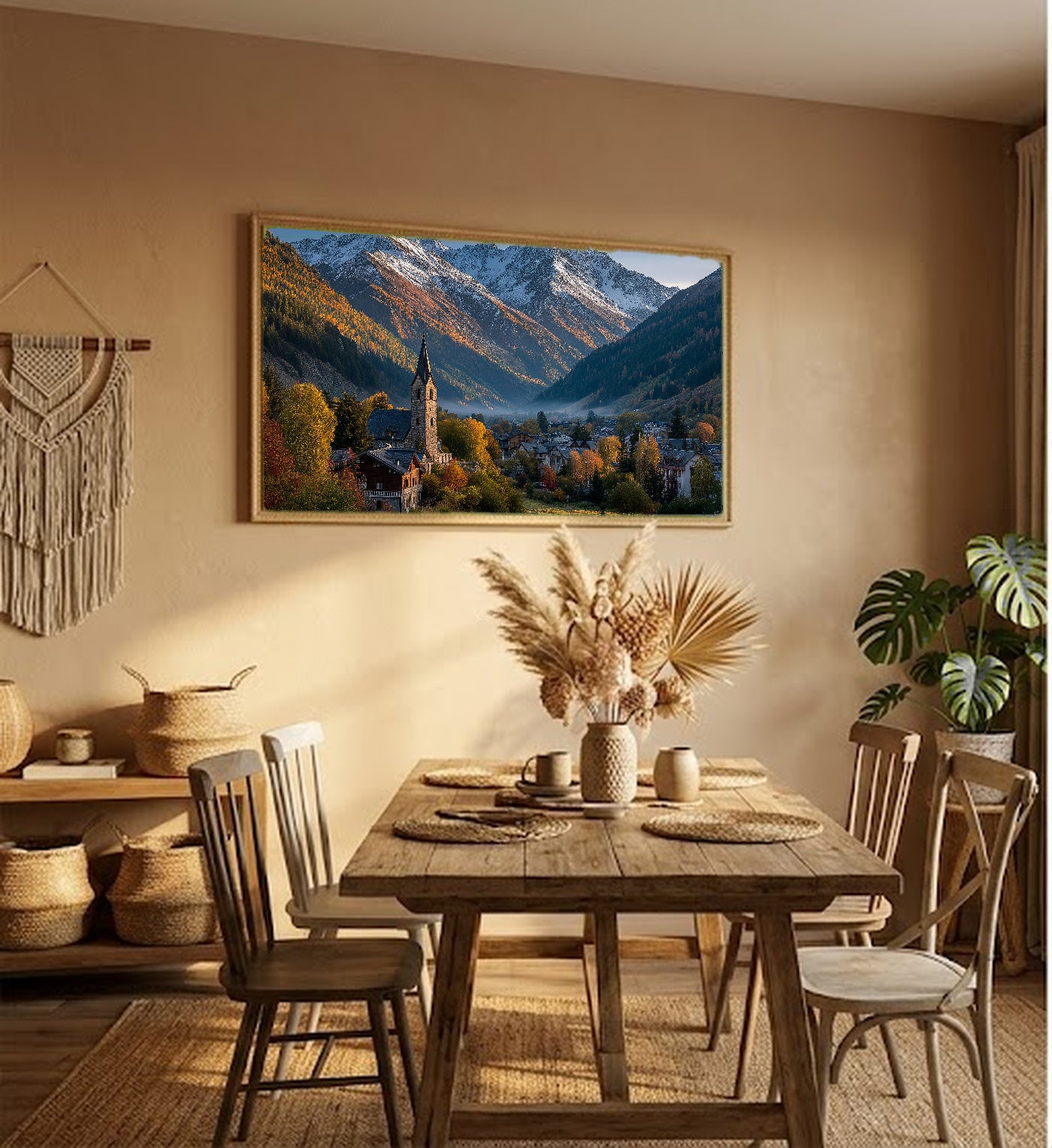 Swiss Village Canvas Wall Art | Autumn Alps Print, Mountain Town, European Decor, Stretched Canvas — swiss village autumn living room wall art