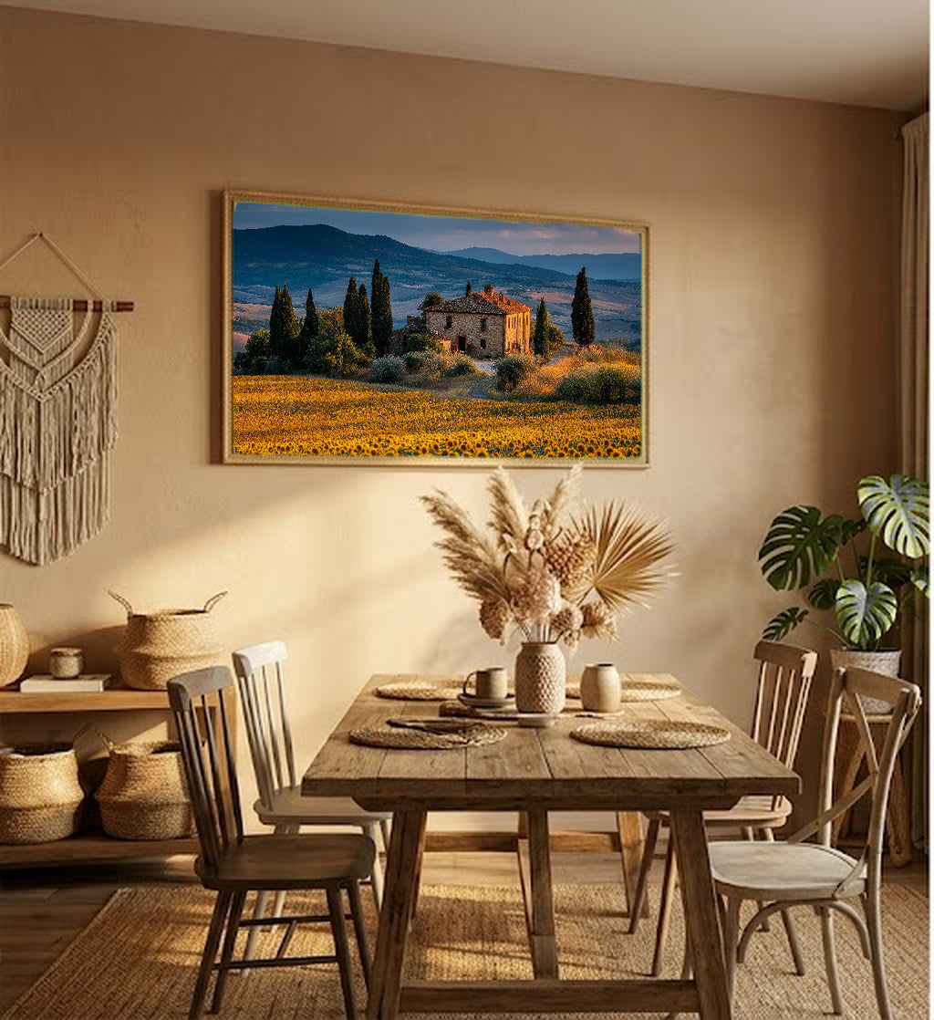 Tuscan Sunflower Canvas Wall Art | Italy Summer Print, Golden Field, Mediterranean Decor, Stretched Canvas — tuscan sunflower villa living room wall art
