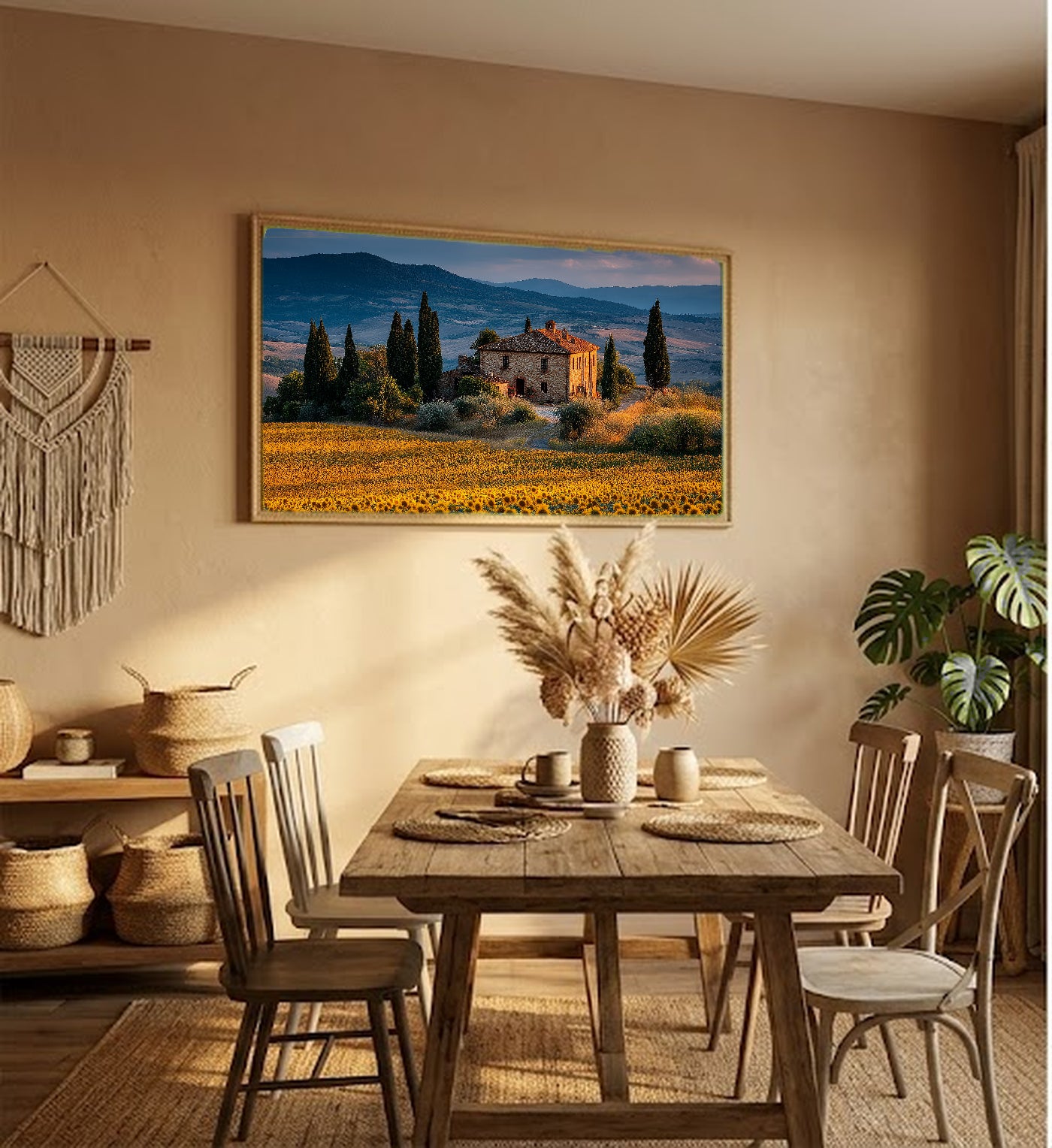 Tuscan Sunflower Canvas Wall Art | Italy Summer Print, Golden Field, Mediterranean Decor, Stretched Canvas — tuscan sunflower villa living room wall art