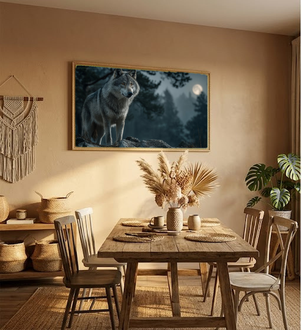 Wolf Canvas Wall Art | Moonlight Wildlife Print, Night Forest, Nature Decor, Stretched Canvas — wolf moonlight living room wall art