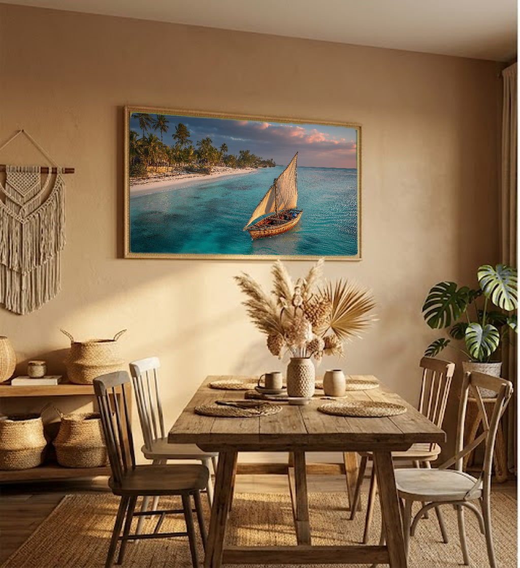 Zanzibar Beach Canvas Wall Art | Dhow Boat Print, African Coast, Tropical Decor, Stretched Canvas — zanzibar beach dhow living room wall art