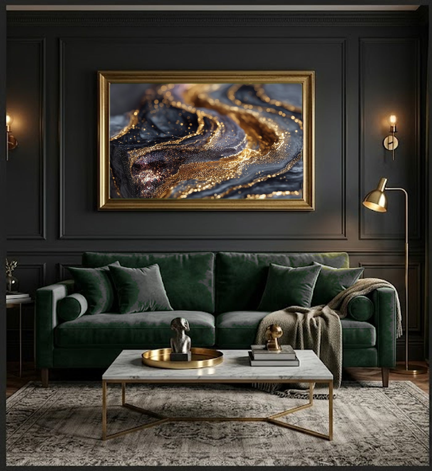Abstract Black Gold Canvas Wall Art | Dark Luxury Print, Marble Art, Modern Decor, Stretched Canvas — abstract black gold dining room wall art