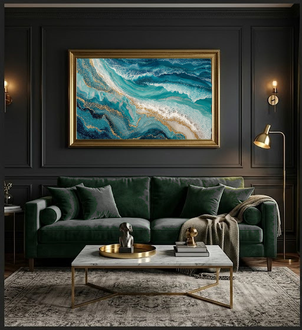 Abstract Teal Wave Canvas Wall Art | Ocean Fluid Print, Modern Coastal, Contemporary Decor, Stretched Canvas — abstract wave teal dining room wall art