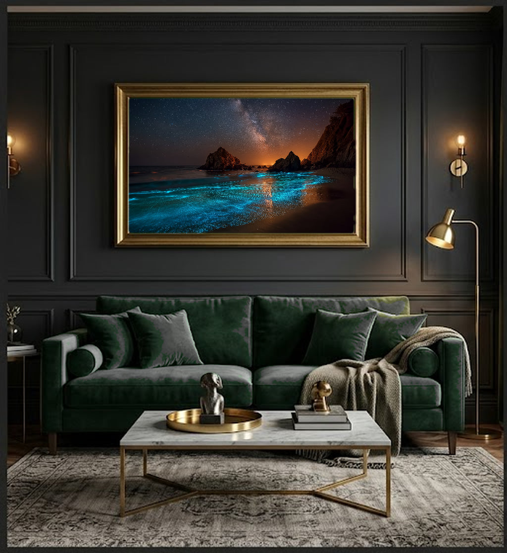 Bioluminescent Waves Canvas Wall Art | Glowing Ocean Print, Night Beach, Magical Decor, Stretched Canvas — bioluminescent waves dining room wall art