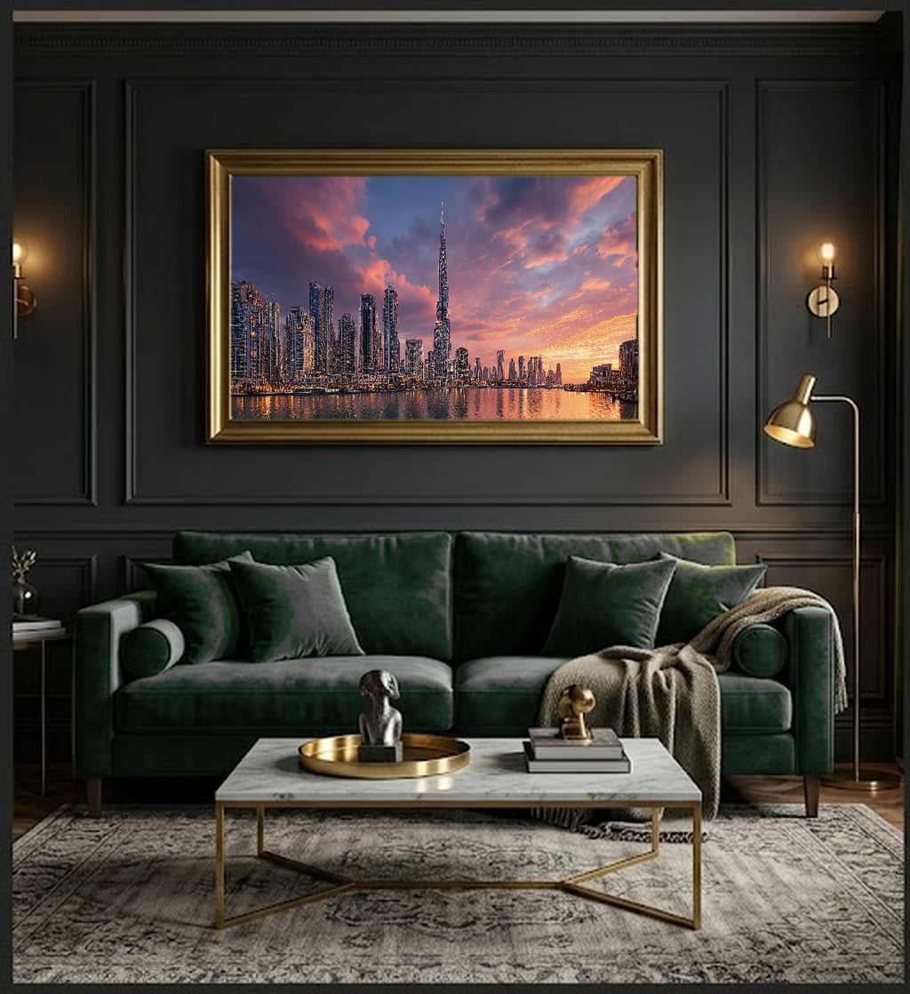 Dubai Skyline Canvas Wall Art | Gold City Print, Modern Architecture, Urban Decor, Stretched Canvas — dubai skyline gold dining room wall art