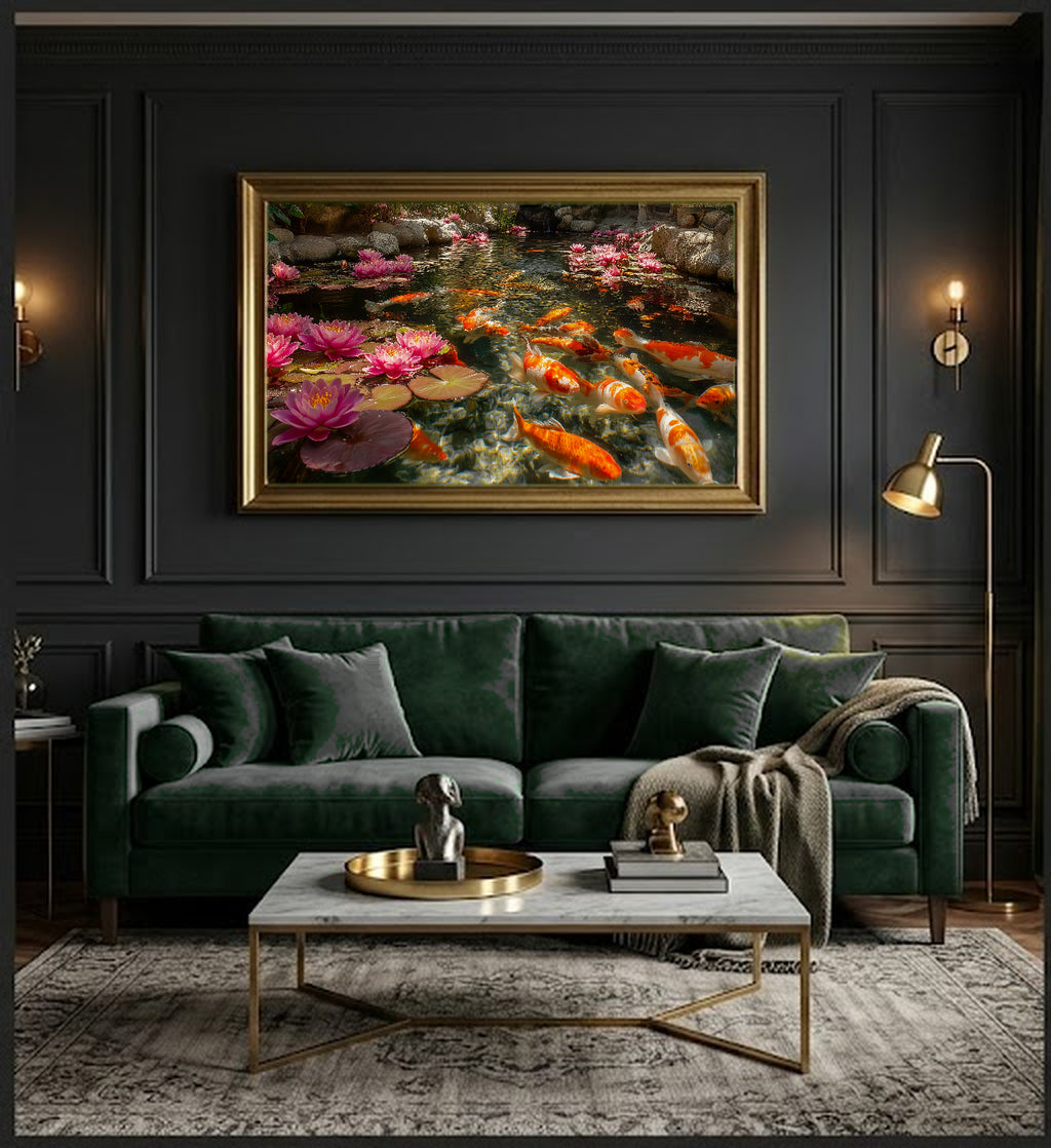 Koi Pond Canvas Wall Art | Lotus Flower Print, Japanese Water Garden, Zen Decor, Stretched Canvas — koi pond lotus dining room wall art