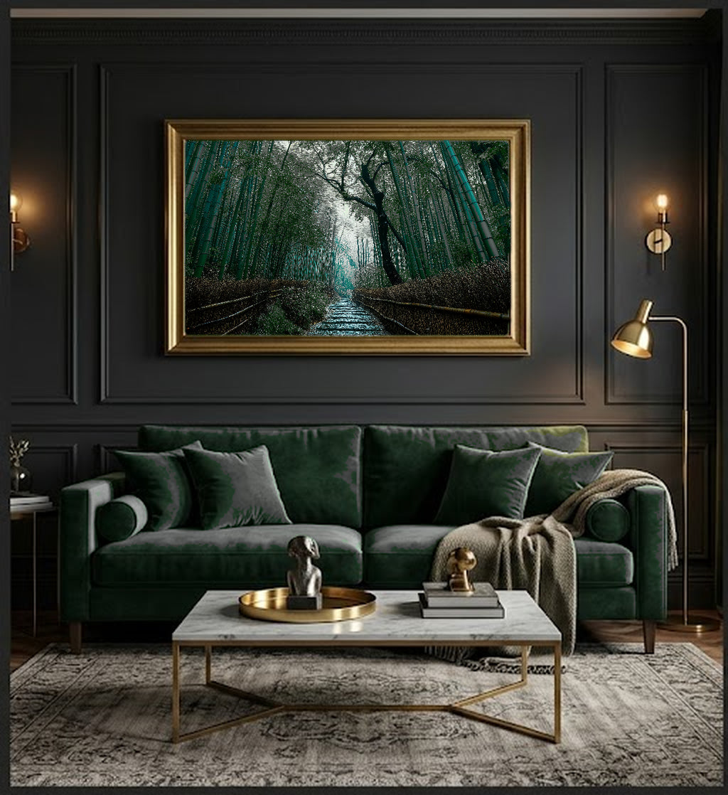 Bamboo Rain Canvas Wall Art | Kyoto Forest Print, Rainy Zen, Japanese Decor, Stretched Canvas — kyoto bamboo rain dining room wall art
