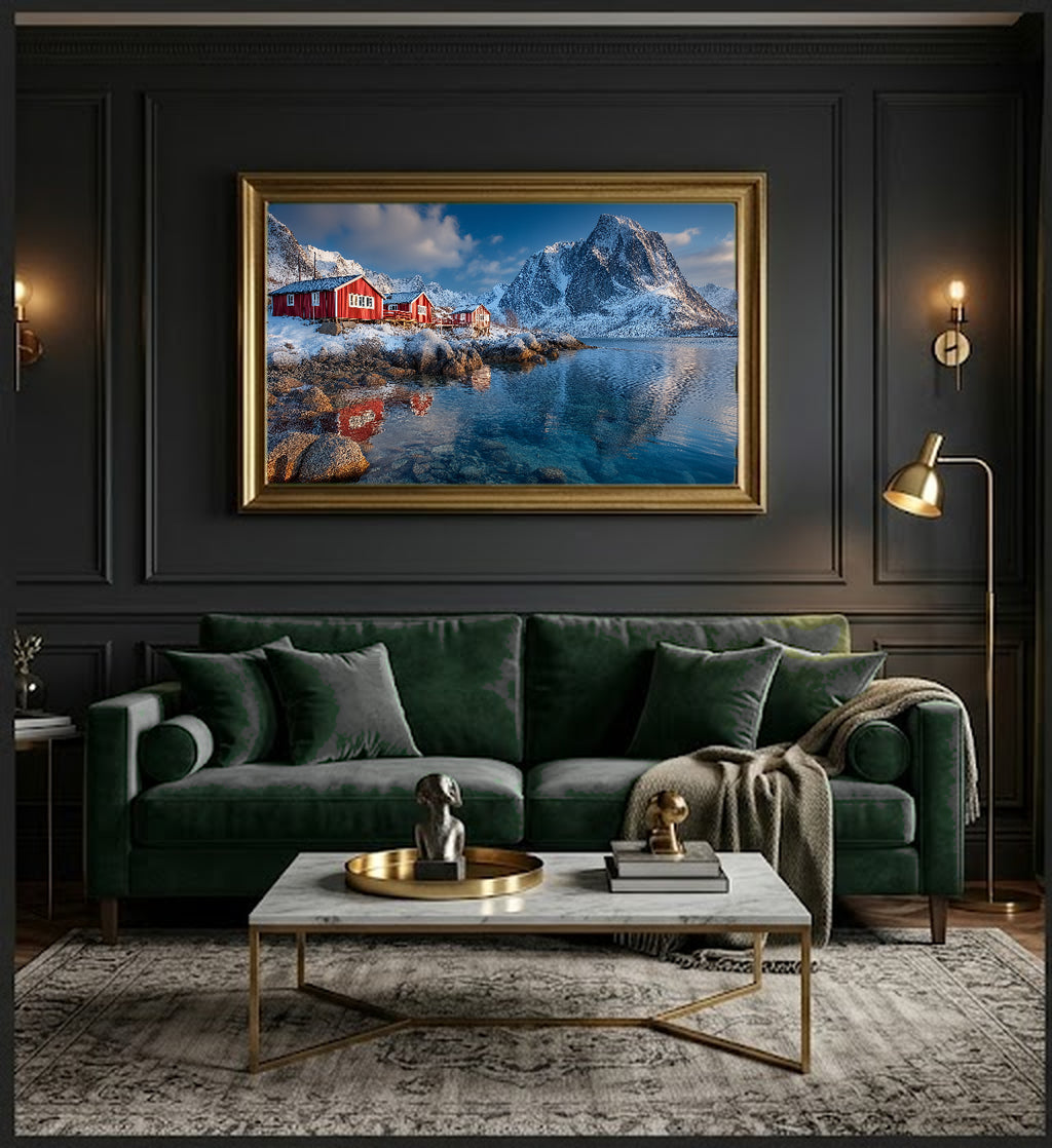 Lofoten Islands Canvas Wall Art | Norway Fishing Village Print, Arctic Coast, Nordic Decor, Stretched Canvas — northern norway lofoten dining room wall art