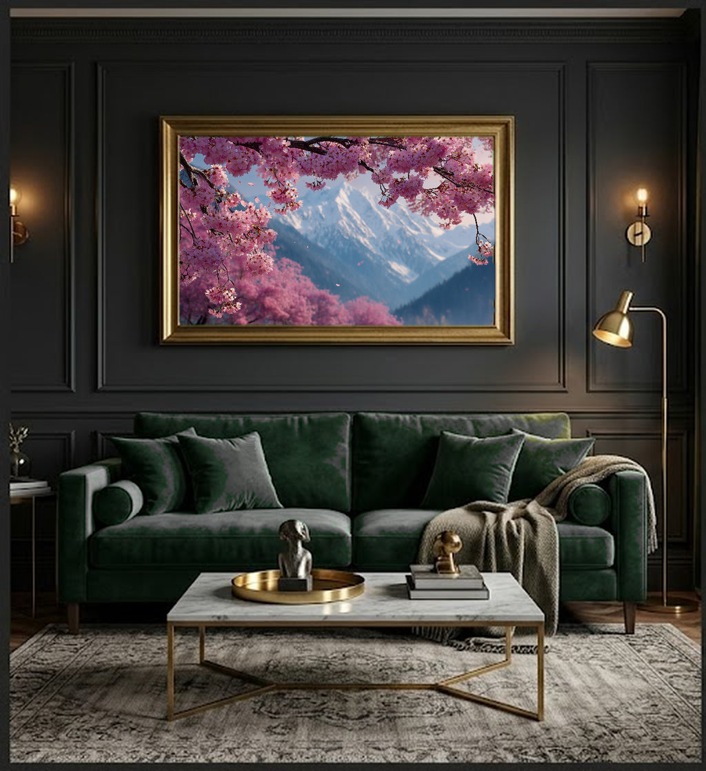 Cherry Mountain Canvas Wall Art | Pink Blossom Print, Spring Landscape, Floral Decor, Stretched Canvas — pink cherry mountain dining room wall art