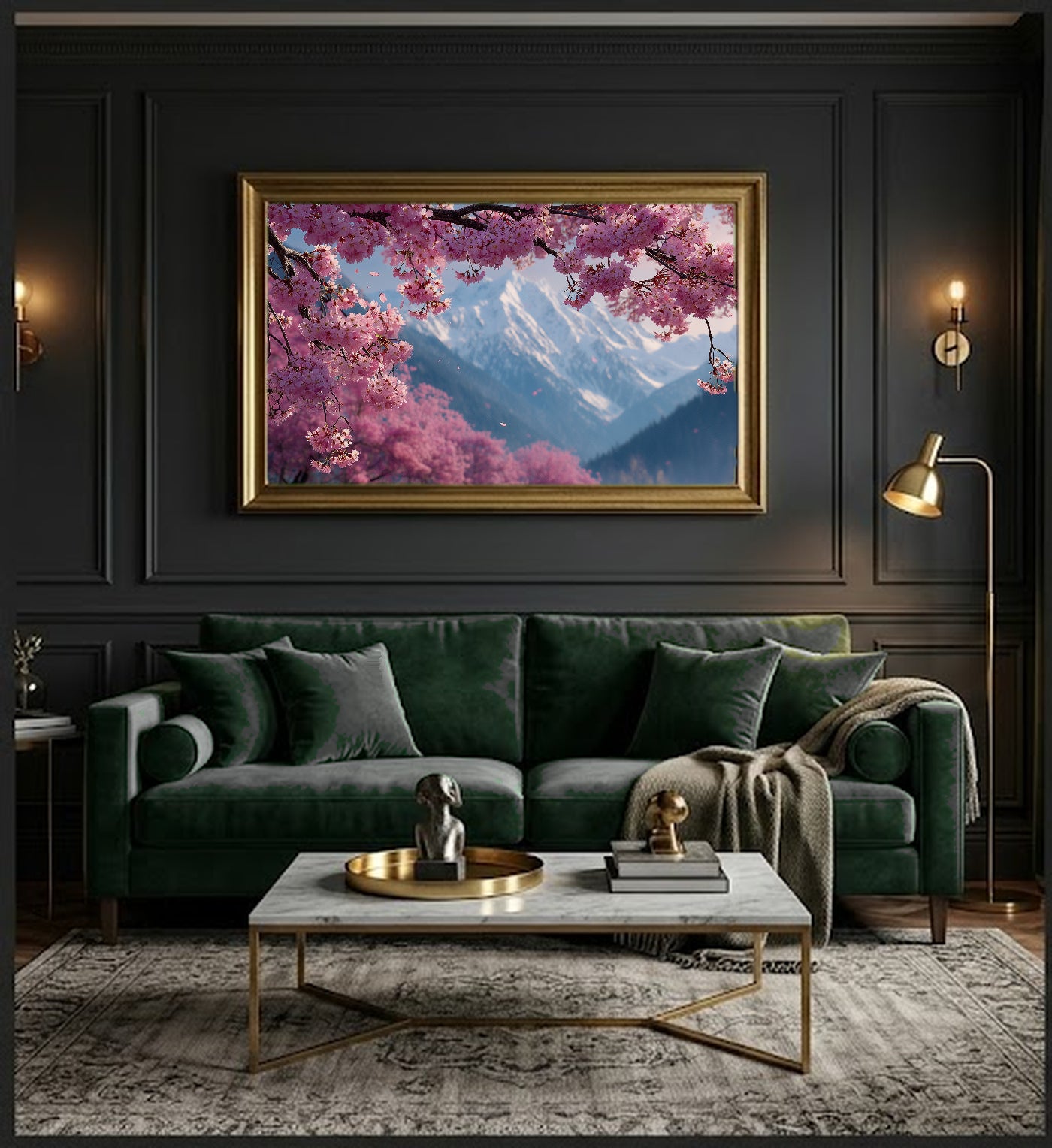 Cherry Mountain Canvas Wall Art | Pink Blossom Print, Spring Landscape, Floral Decor, Stretched Canvas — pink cherry mountain dining room wall art