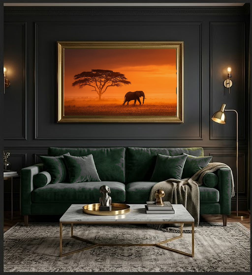 Elephant Safari Canvas Wall Art | African Sunset Print, Wildlife Photography, Nature Decor, Stretched Canvas — safari elephant sunset dining room wall art