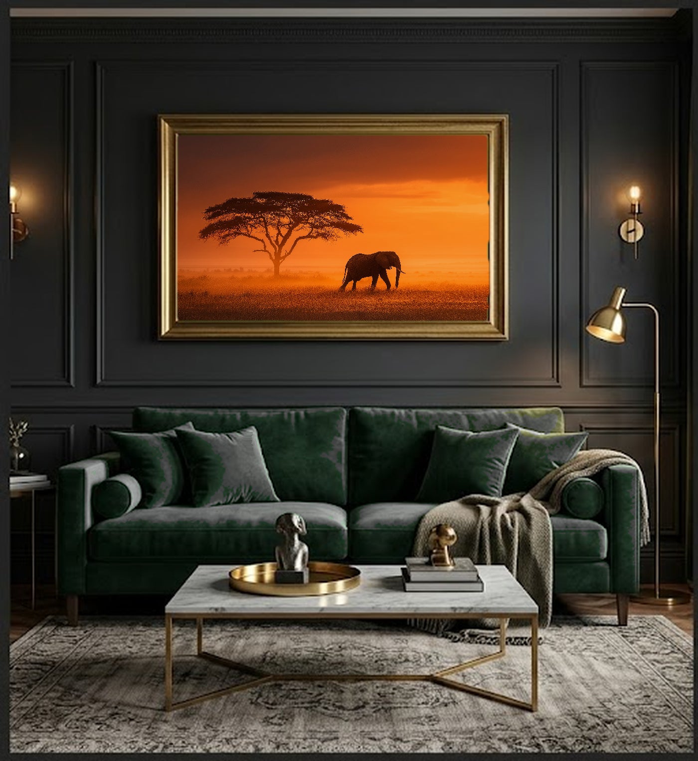 Elephant Safari Canvas Wall Art | African Sunset Print, Wildlife Photography, Nature Decor, Stretched Canvas — safari elephant sunset dining room wall art