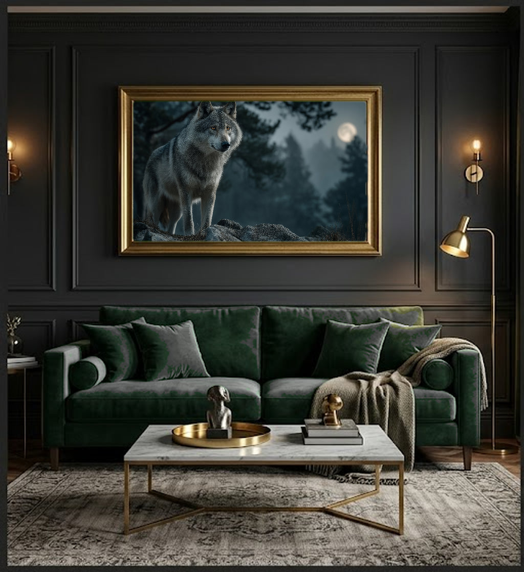 Wolf Canvas Wall Art | Moonlight Wildlife Print, Night Forest, Nature Decor, Stretched Canvas — wolf moonlight dining room wall art