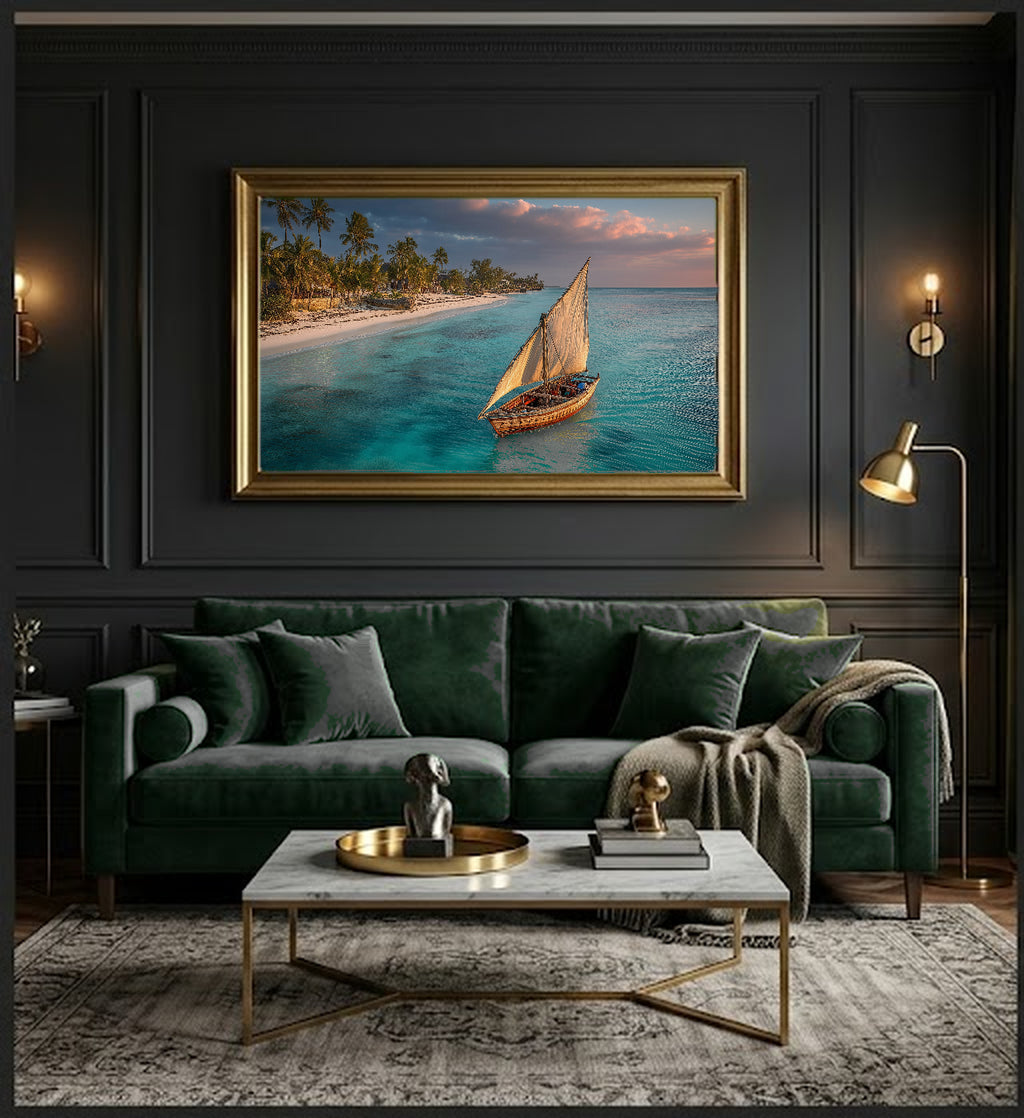 Zanzibar Beach Canvas Wall Art | Dhow Boat Print, African Coast, Tropical Decor, Stretched Canvas — zanzibar beach dhow dining room wall art
