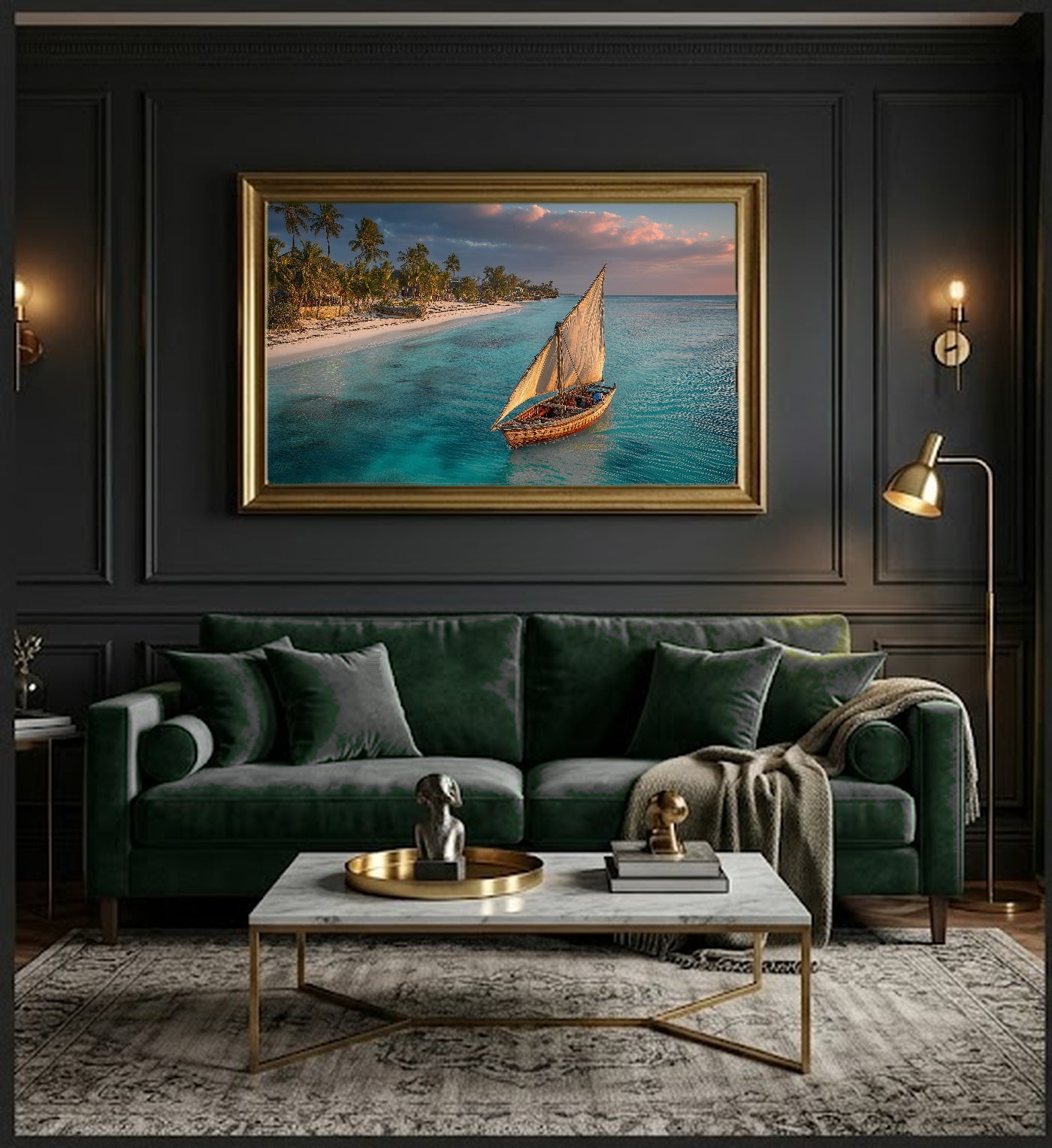 Zanzibar Beach Canvas Wall Art | Dhow Boat Print, African Coast, Tropical Decor, Stretched Canvas — zanzibar beach dhow dining room wall art