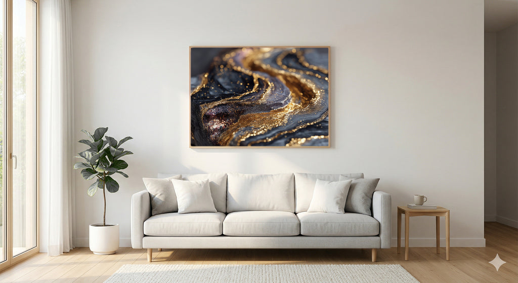 Abstract Black Gold Canvas Wall Art | Dark Luxury Print, Marble Art, Modern Decor, Stretched Canvas — abstract black gold bedroom wall art
