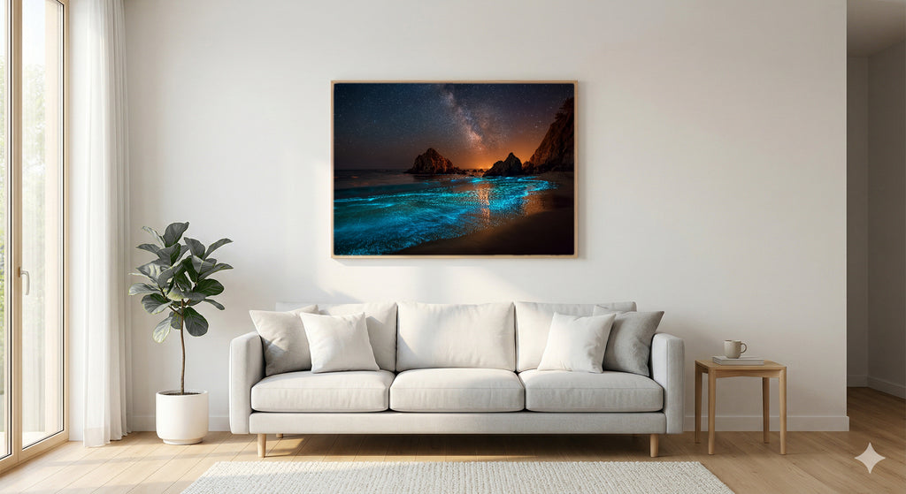 Bioluminescent Waves Canvas Wall Art | Glowing Ocean Print, Night Beach, Magical Decor, Stretched Canvas — bioluminescent waves bedroom wall art